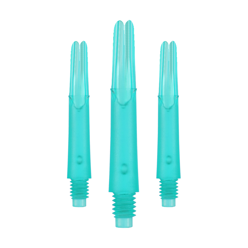 L-Style L-schachten vergrendeld recht - Smaragd Das Bild zeigt drei türkisfarbene Dartshafts aus Kunststoff in einer Reihe. Sie haben ein gerades Design und sind unten mit einem Gewinde versehen.