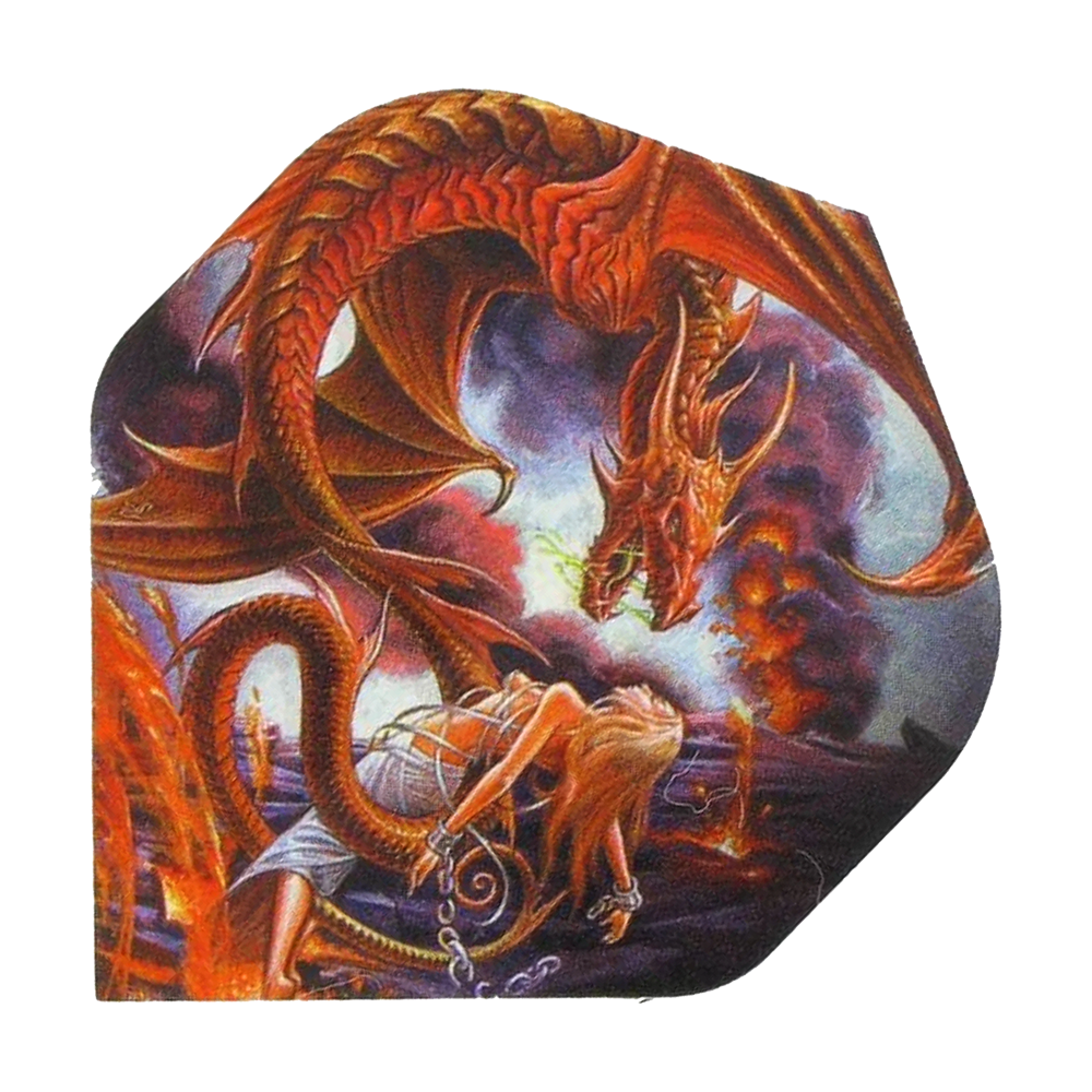 Alchemy Forge Of Vesuvius No2 Standaardvluchten Auf dem Bild ist ein roter Drache zu sehen, der Feuer speit. Vor ihm kniet eine gefesselte Frau, während im Hintergrund Lava und Rauch aufsteigen.