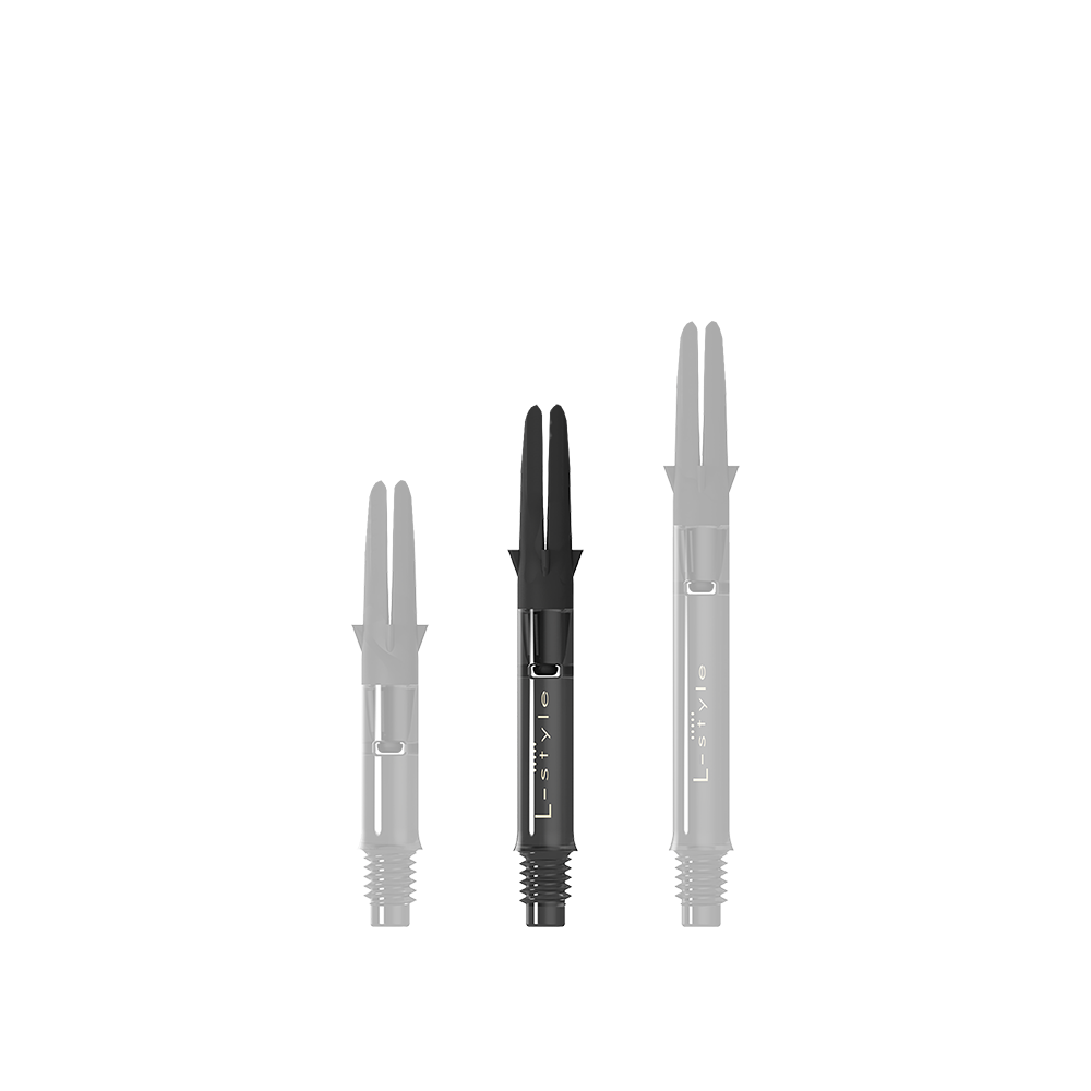 L-L-Style-Shaft Carbon Silent Straight - Zwart Auf dem Bild sind drei schwarze Carbon-Shafts für Dartpfeile in unterschiedlichen Längen zu sehen. Sie stehen nebeneinander aufrecht aufrecht und besitzen alle denselben Aufbau.