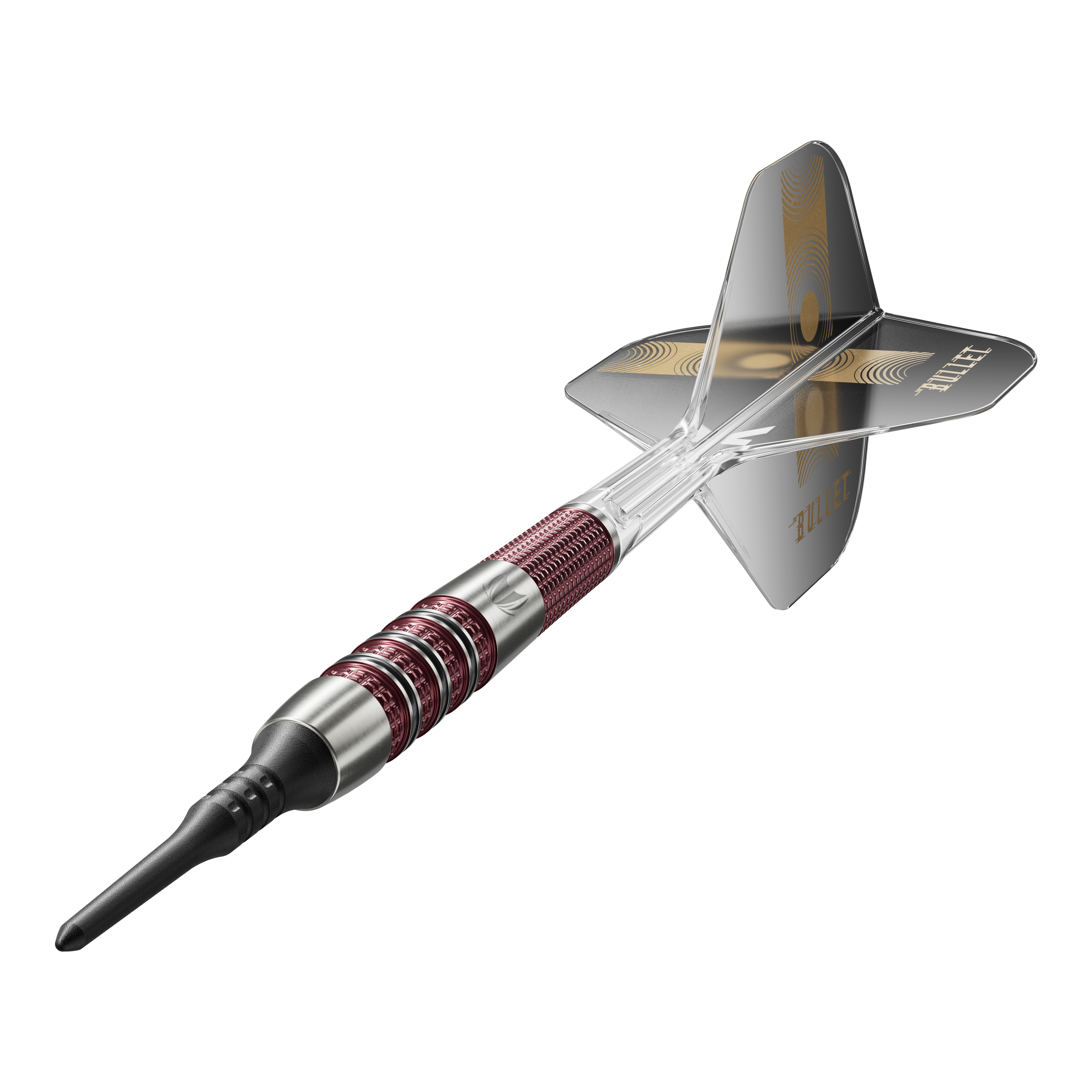 Target Stephen Bunting 95K Soft Darts - 19g Das Bild zeigt einen Target Stephen Bunting 95K Softdart mit einem Gewicht von 19 Gramm. Der Dartpfeil hat ein schwarzes Flight mit goldenen Verzierungen und einen rot-silbernen Griff.