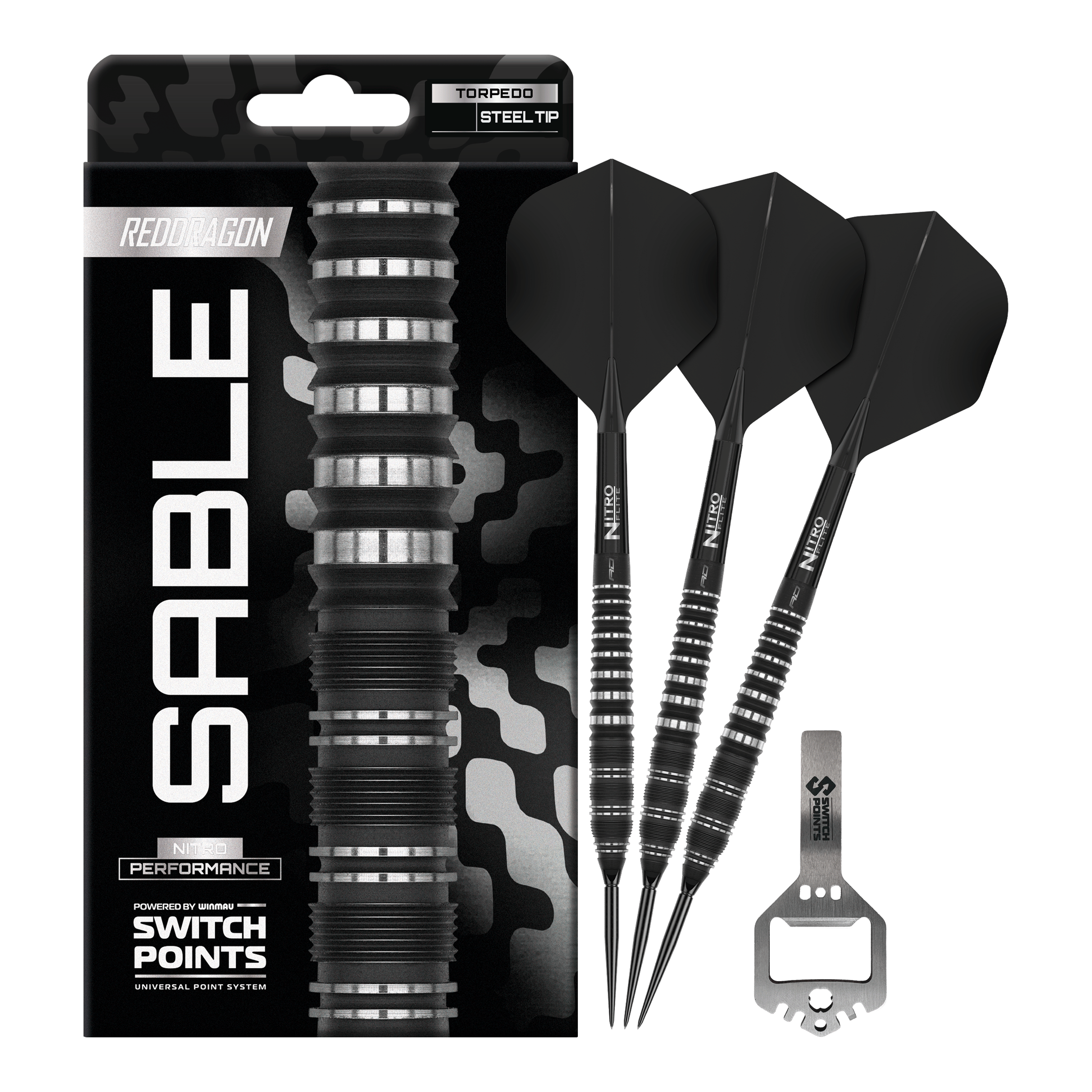 Red Dragon Sable Torpedo Switch Point Stalen Darts Das Bild zeigt die Red Dragon Sable Torpedo Switch Point Steeldarts in voller Länge. Die komplette Form und das Design sind zu sehen.