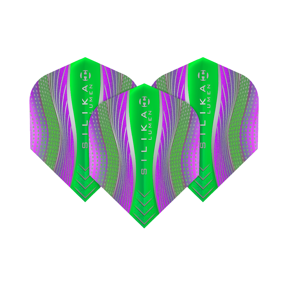 HF5125_Harrows_Silikia_Lumen_Purple_Green_No6_Flights_1yJ34B48Q5pQhO Harrows Silika Lumen Purple Green No6 Flights. Die Abbildung zeigt Dartflights mit lila und farbigen Details.