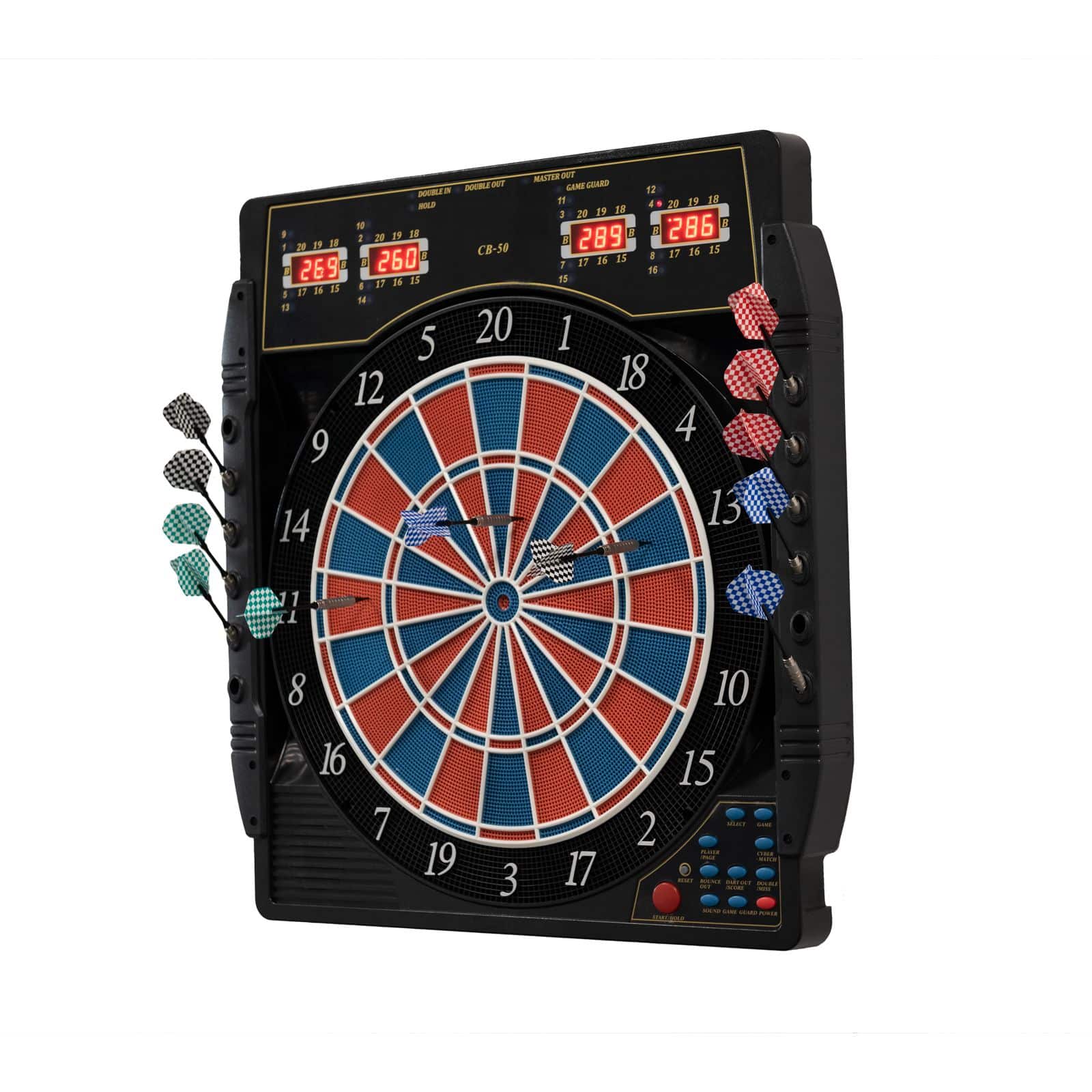 Elektronische Dartscheibe Karella CB 50 Turnierausführung Die Abbildung zeigt die elektronische Dartscheibe Karella CB 50 Turnierausführung. Sie verfügt über digitale Anzeigen und bunte Softdarts, die an den Seiten befestigt sind.