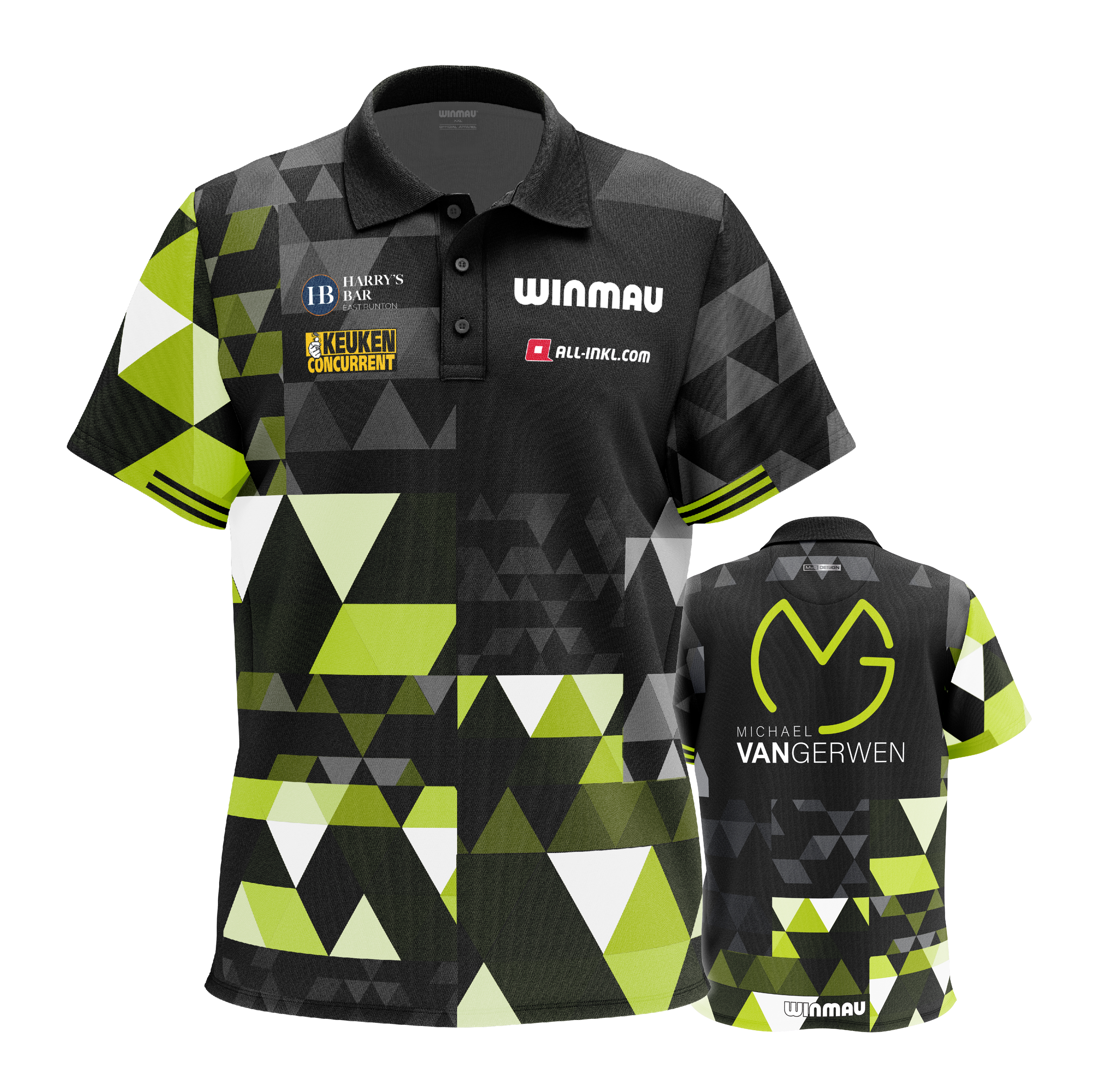 Das Bild stellt das Winmau Michael Van Gerwen Fan-Edition Poloshirt dar. Es ist ein spezielles Fan-Shirt im Stil von Michael Van Gerwen.