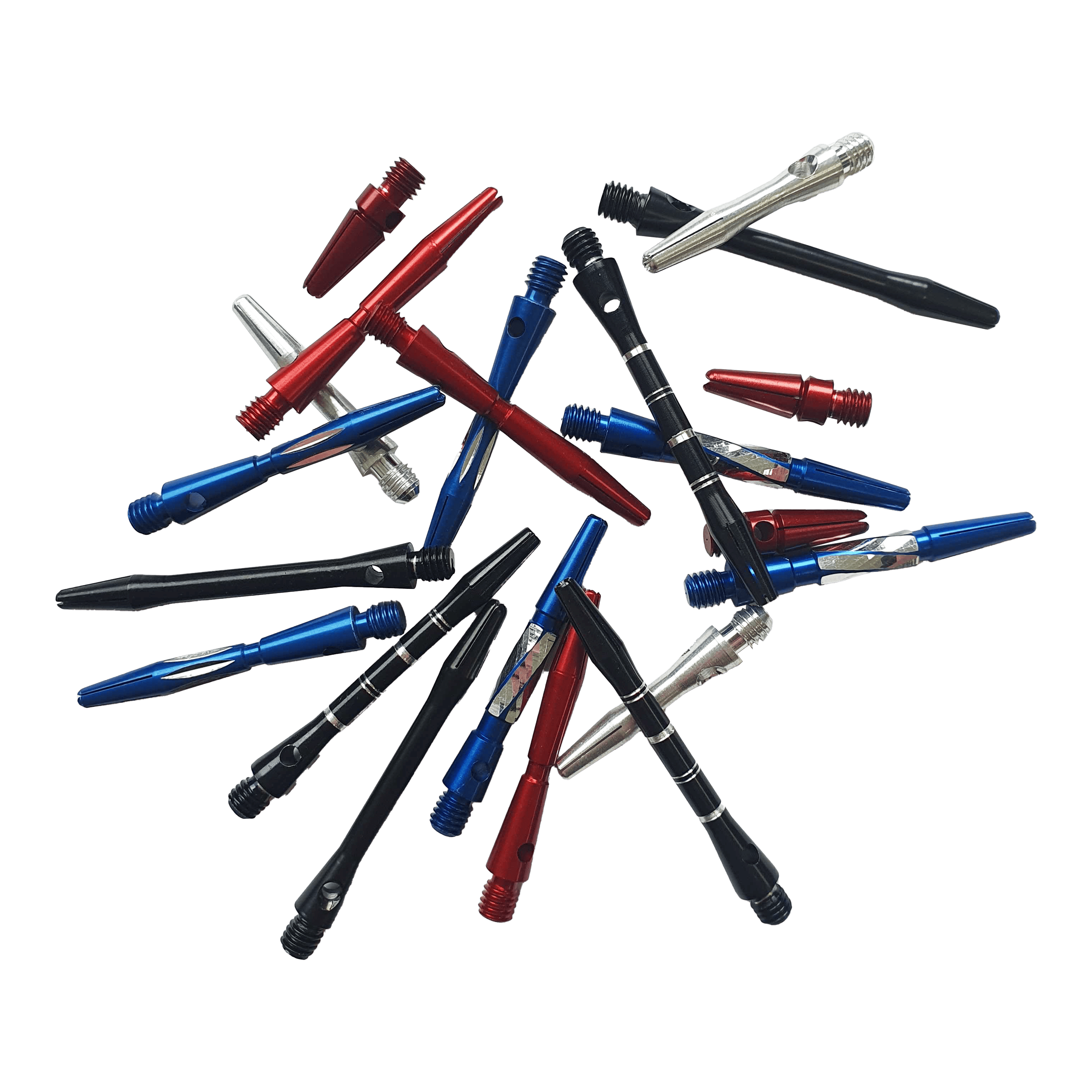 Alu-Shaft Verrassingsset - 7 sets Das Bild zeigt eine Auswahl an bunten Aluminiumschäften für Dartpfeile. Die Schäfte sind in verschiedenen Farben wie Rot, Blau, Schwarz und Silber enthalten.