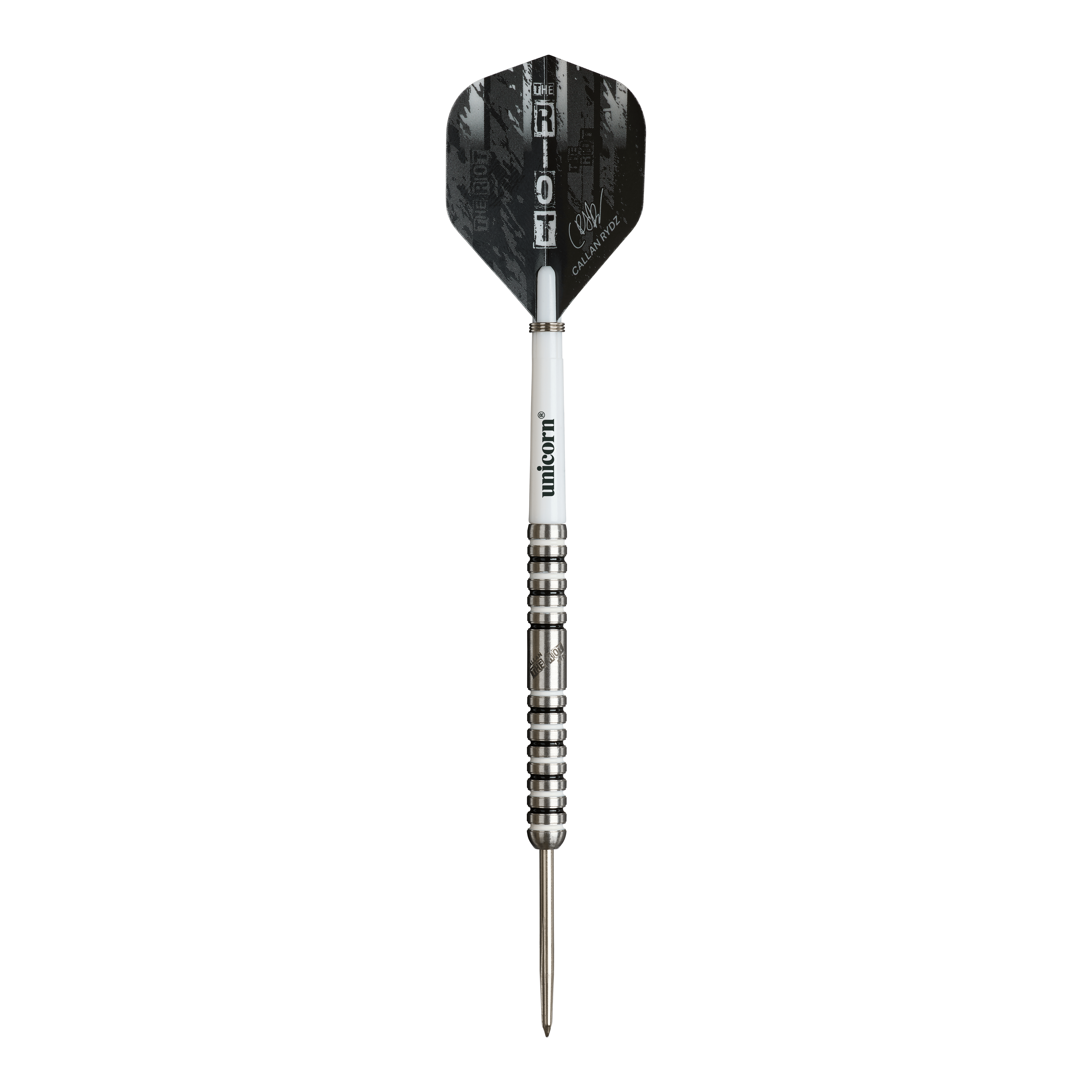 Unicorn Callan Rydz The Riot Phase 2 stalen darts Auf dem Bild ist ein Steeldart der Marke Unicorn zu sehen, Modell "Callan Rydz The Riot Phase 2". Der Dart hat ein schwarzes Flight mit silbernen und weißen Akzenten sowie eine silberne, gerillte Spitze.