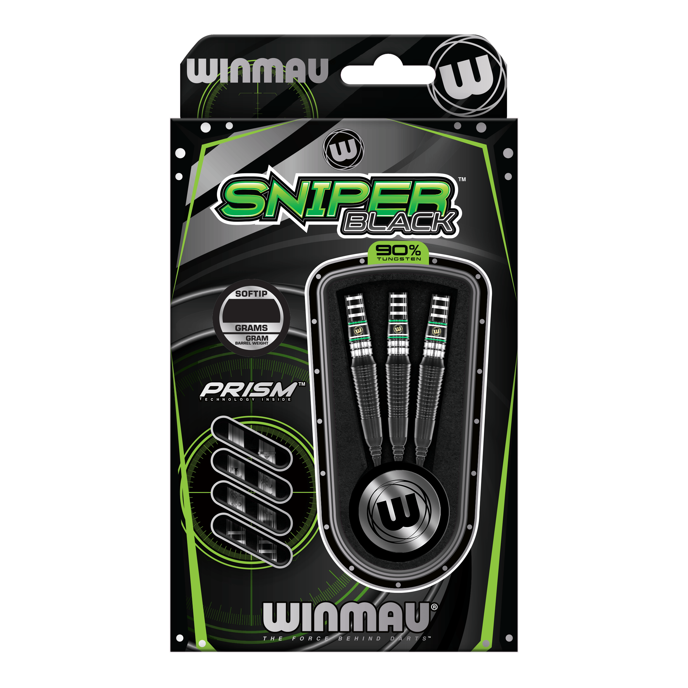 Winmau Sniper Black 2025 zachte darts - 20g Die Abbildung zeigt die Winmau Sniper Black 2025 Softdarts mit einem Gewicht von 20 Gramm. Die Verpackung ist in Schwarz und Grün gehalten und enthält drei Softdarts mit 90% Tungsten.