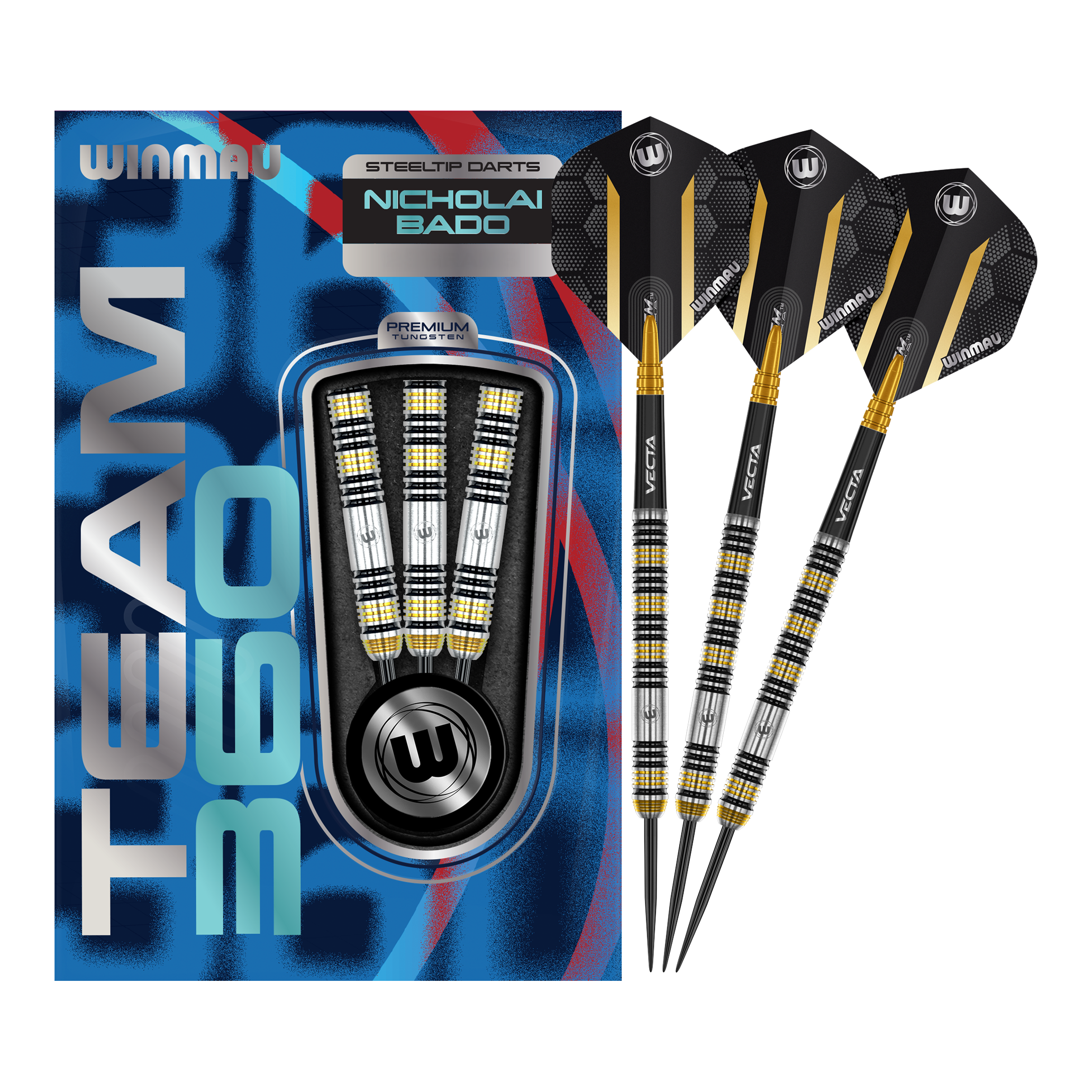 Winmau Team 360 Nicholai Bado Steeldarts-23g Das Bild zeigt die Winmau Team 360 Nicholai Bado Steeldarts mit 23 Gramm. Diese Darts sind für Präzision und Leistung im Spiel entwickelt.