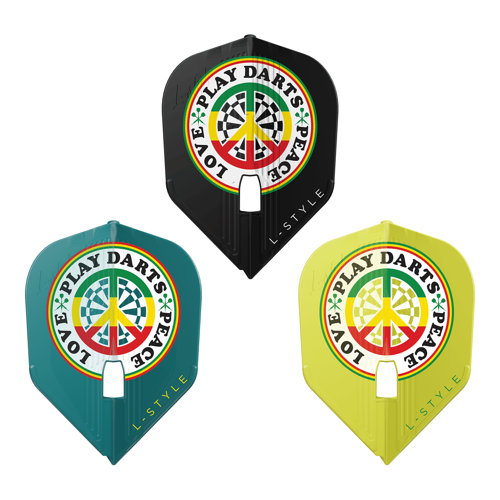 L-L-Styleisa Ashton V1 Roze L3PRO KAMI Vluchten Das Bild zeigt drei bunte Dart-Flights der Marke L-Style mit dem Design "Deta Hedman V4 Mix KAMI". Auf jedem Flight steht "LOVE PLAY DARTS PEACE" um ein Peace-Zeichen mit Dartboard-Muster.