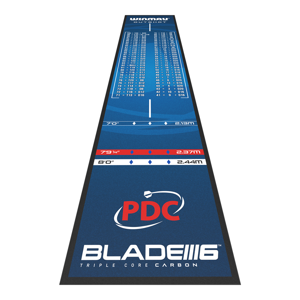 Winmau Outshot Dartmat Die Abbildung zeigt die Winmau Outshot Dartmatte 2024 in blauem Design. Auf der Matte sind verschiedene Abwurflinien, Checkout-Tabelle und das PDC-Logo abgebildet.