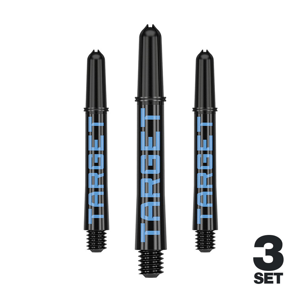 Target Pro Grip TAG Shafts - 3 sets - Zwartblauw Das Bild zeigt drei schwarze Dartschäfte mit blauer Aufschrift "TARGET". Unten rechts steht "3 SET", was auf ein Set aus drei Stück hinweist.