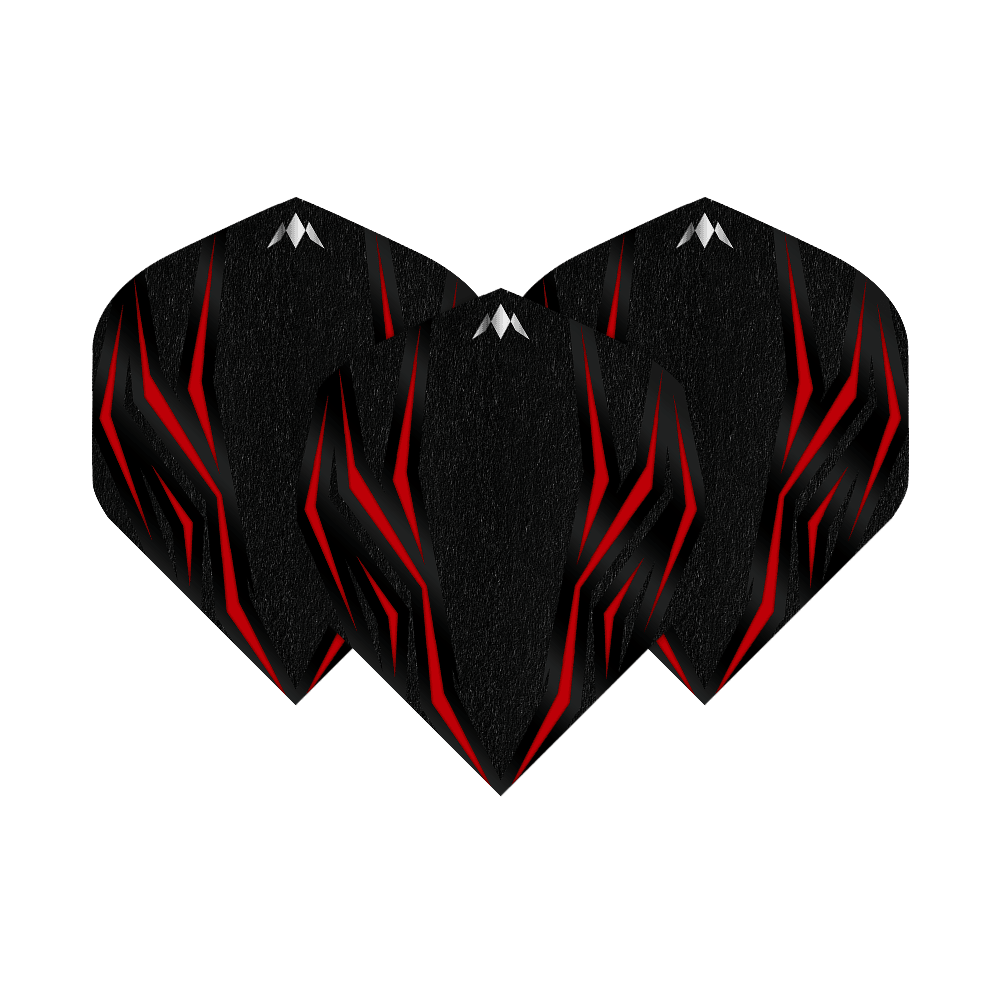 Mission Lava Red No2 Standaardvluchten Das Bild zeigt drei schwarze Dartflights mit roten, lavaähnlichen Mustern. Die Flights sind das Modell "Mission Lava Red No2 Standard Flights".