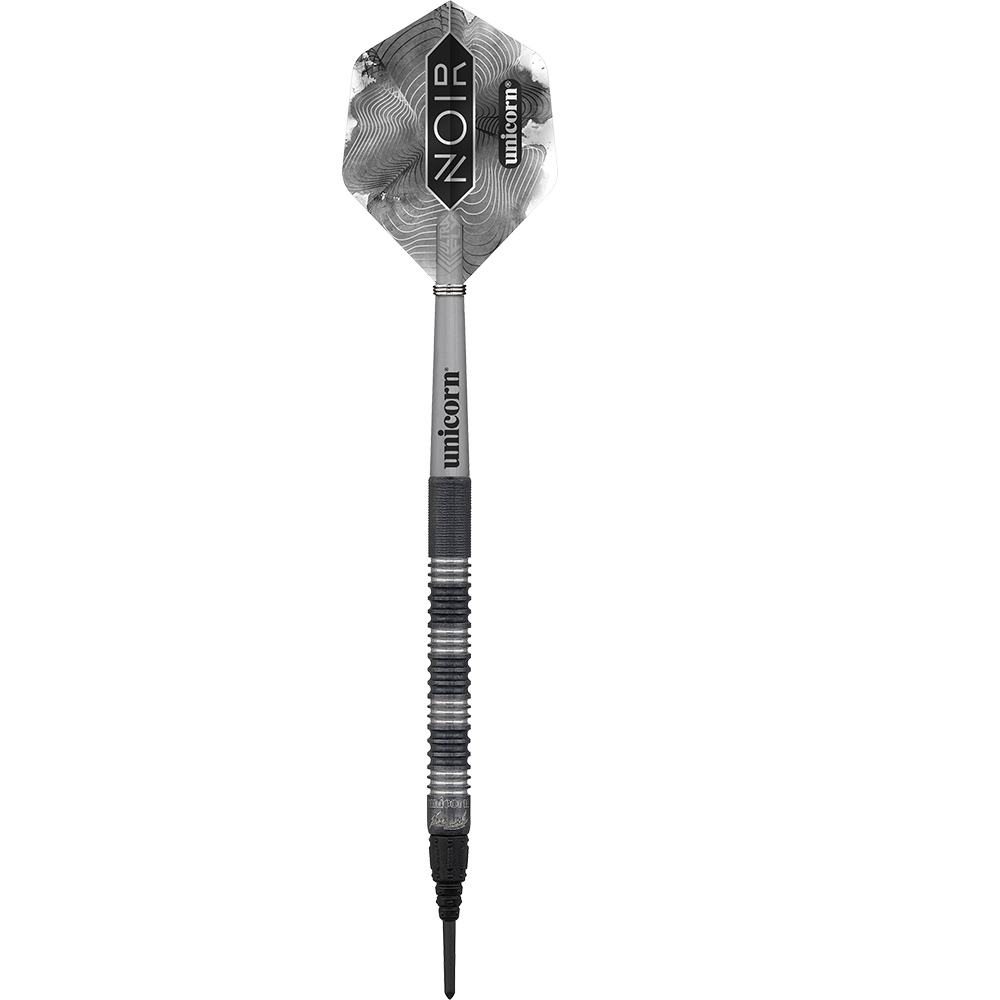23835_Unicorn_Noir_James_Wade_2022_Softdarts_1mGfeUbAddv9sQ Das Bild zeigt einen schwarzen Softdartpfeil der Marke Unicorn. Auf den Flights steht „NOIR“ und „unicorn“.