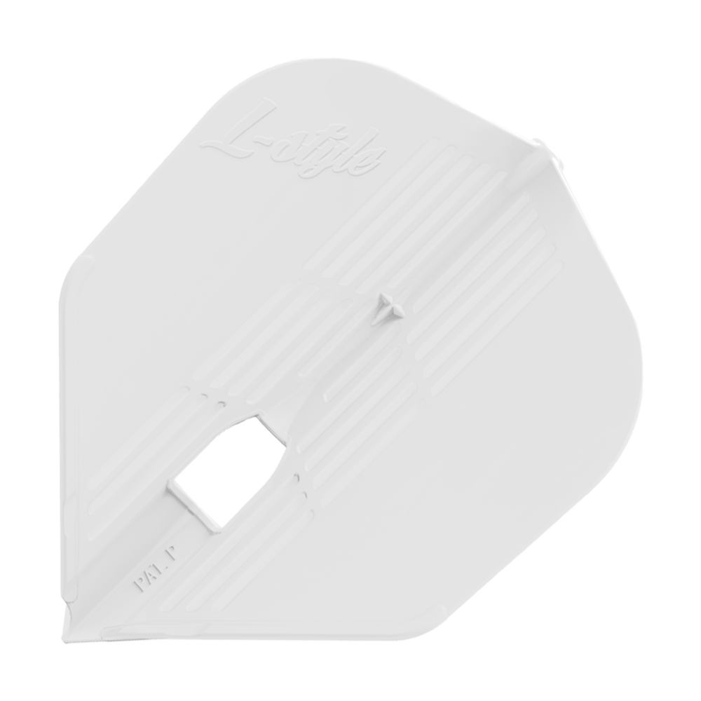 L-Style KAMI L3PRO-vluchten Dies ist ein weißes Dartflight mit der Aufschrift "L-style" auf der Oberfläche. Es hat ein strukturiertes Design mit einer rechteckigen Öffnung in der Mitte.