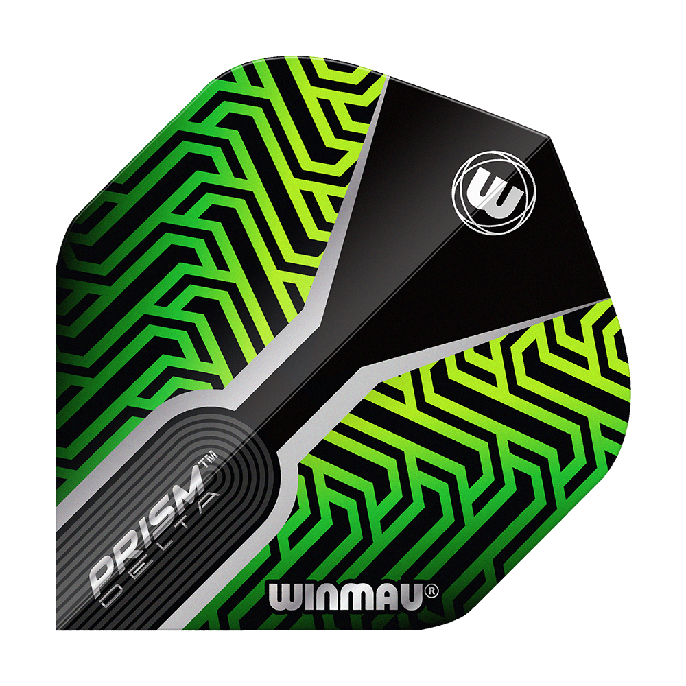 Winmau Prism Delta Kairos No2 Standaard Vluchten Groen Das Bild zeigt ein Dartflight mit dem Namen "Winmau Prism Delta Kairos No2 Standard Flights Grün". Das Flight hat ein auffälliges grünes und schwarzes geometrisches Muster mit dem Winmau-Logo.