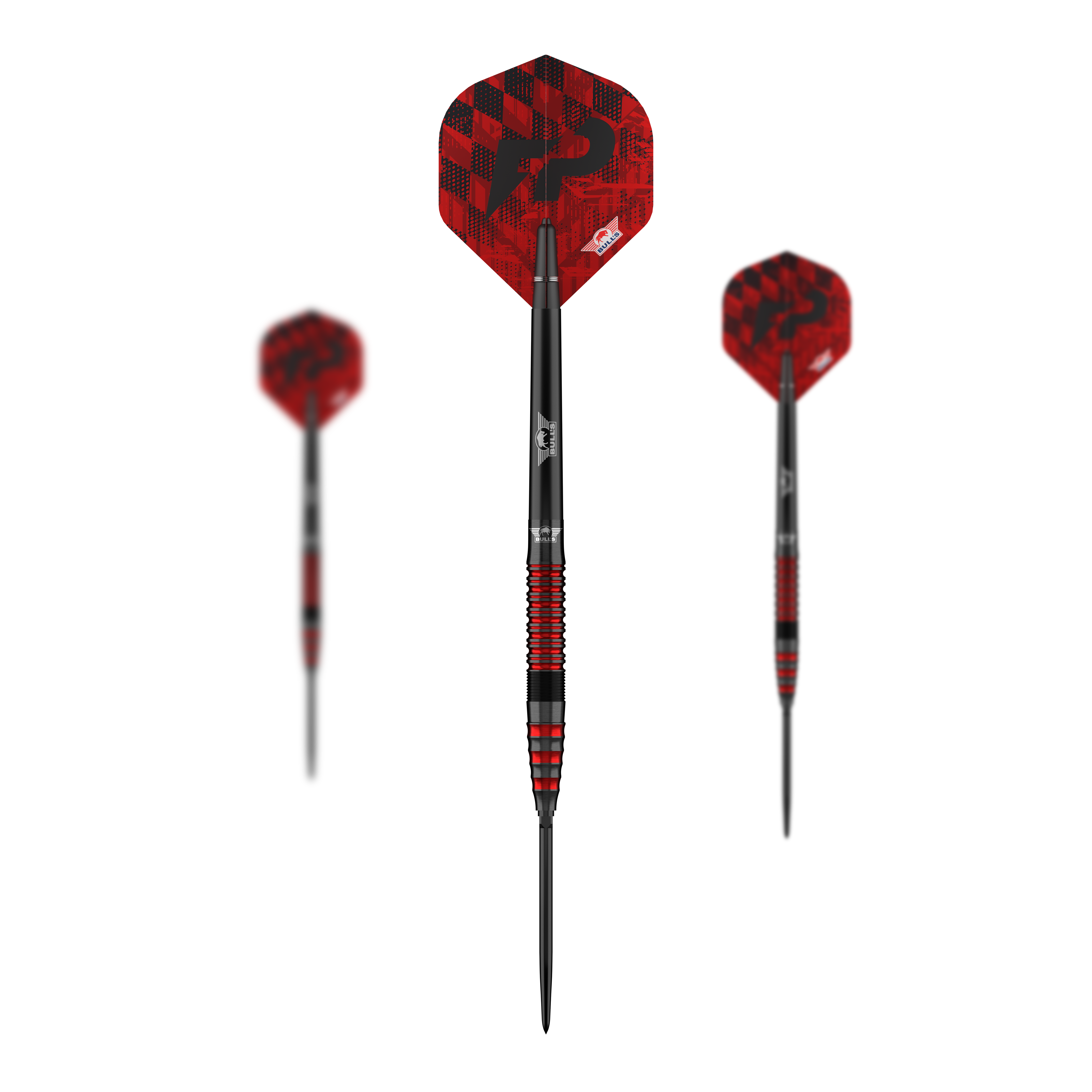 Das Bild zeigt das komplette Set Bulls NL Florian Preis 90 Convertible Point Steeldarts. Die Darts sind silberfarben.