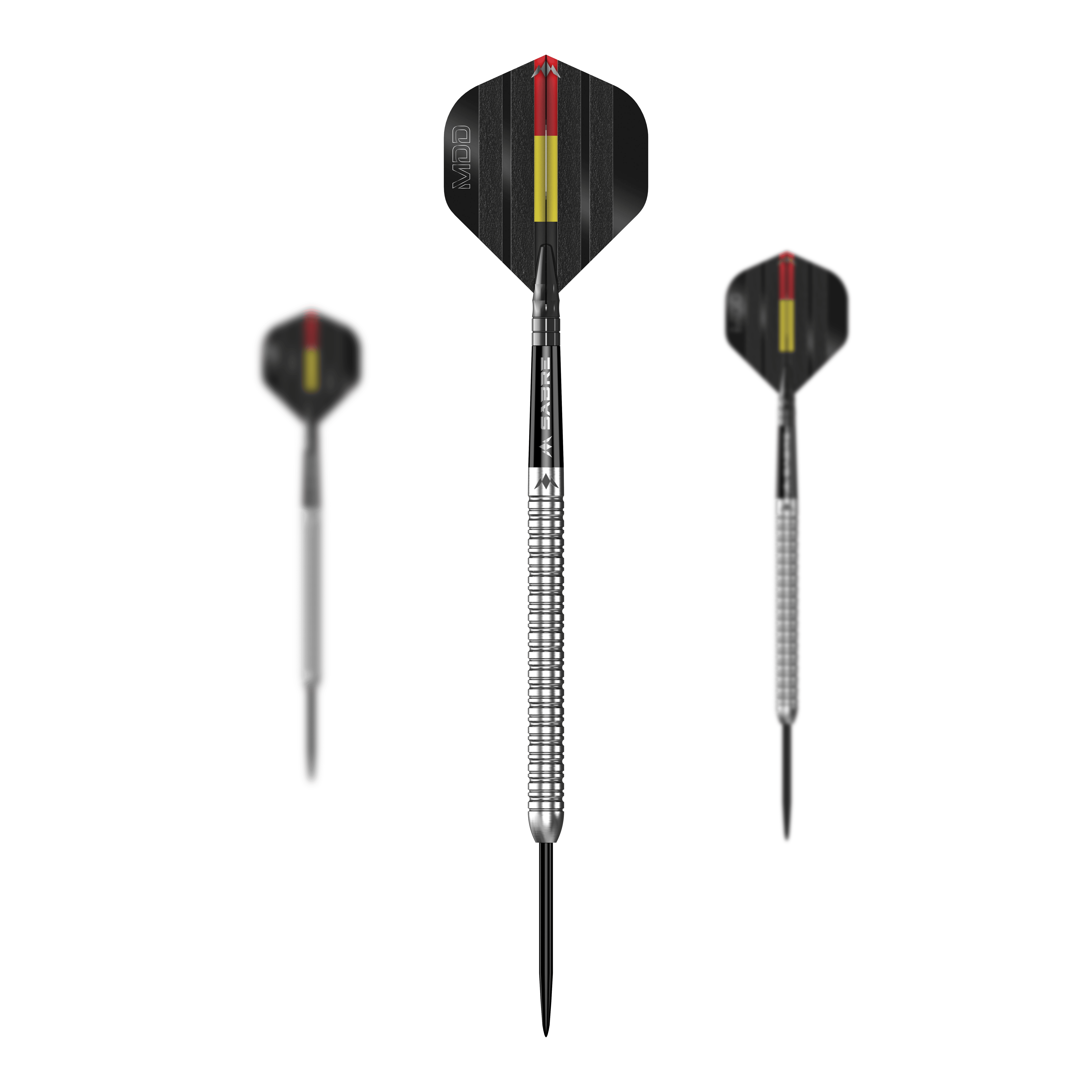 Das Bild zeigt drei silberne Steeldarts des Modells "Mission Mike De Decker MDD Silver". Die Flights sind schwarz mit roten und gelben Streifen gestaltet.