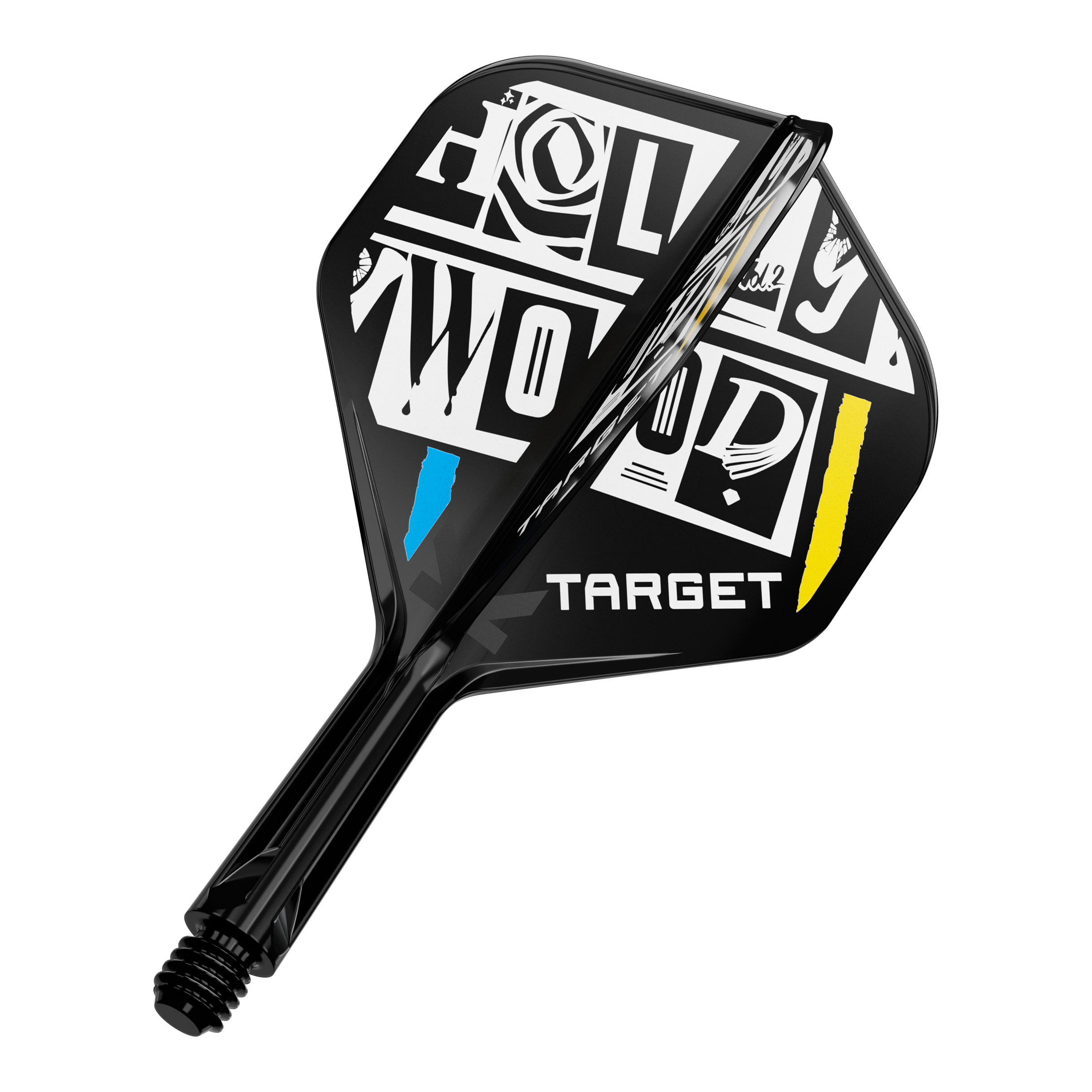 Target K-Flex Chris Dobey No2 Standaard Vluchtas Systeem Das Bild zeigt einen Dartpfeil-Flügel mit auffälligem schwarz-weißem Design und den farbigen Akzenten Blau und Gelb. Auf dem Flügel steht das Wort "TARGET" und ein grafisch gestalteter Schriftzug "HOLLYWOOD".