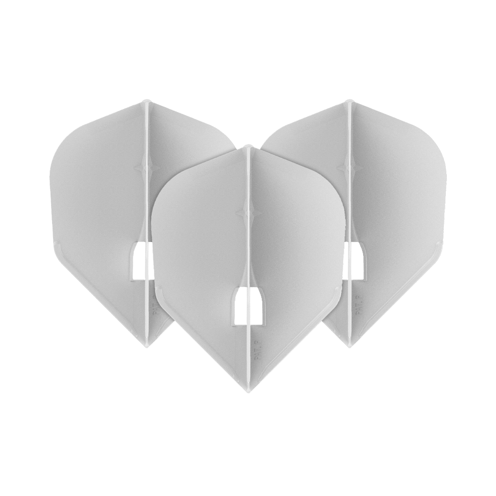 L-Style Champagne L3PRO Shape Flights Auf dem Bild sind drei weiße Dart-Flights in einer V-Form angeordnet. Die Flights haben jeweils eine leicht durchsichtige Optik und eine standardisierte Pfeilform.