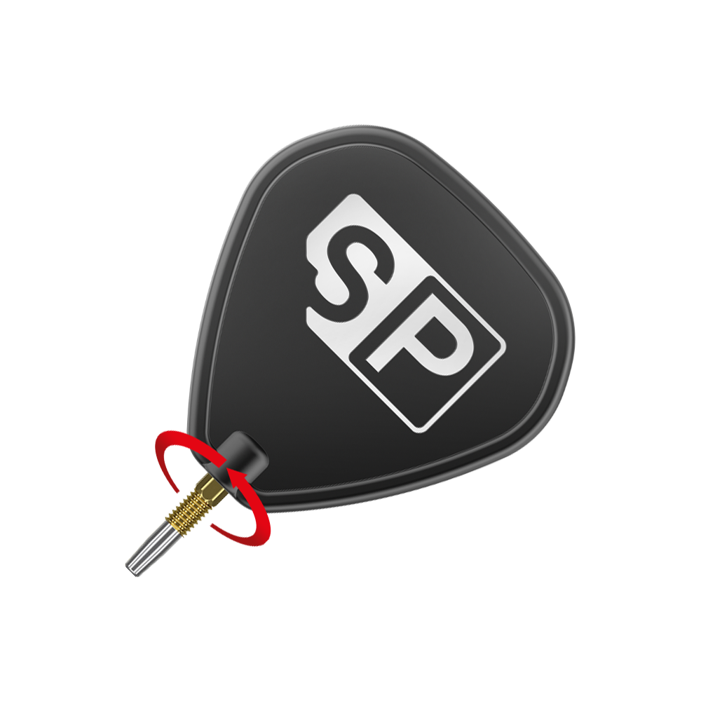 Target Swiss Firepoint Gold dartpunten Das Bild zeigt eine schwarze Dart-Flightscheibe mit dem weißen Aufdruck "SP". Darunter ist eine goldene Dartspitze mit einem roten Pfeil, der eine Drehbewegung anzeigt.
