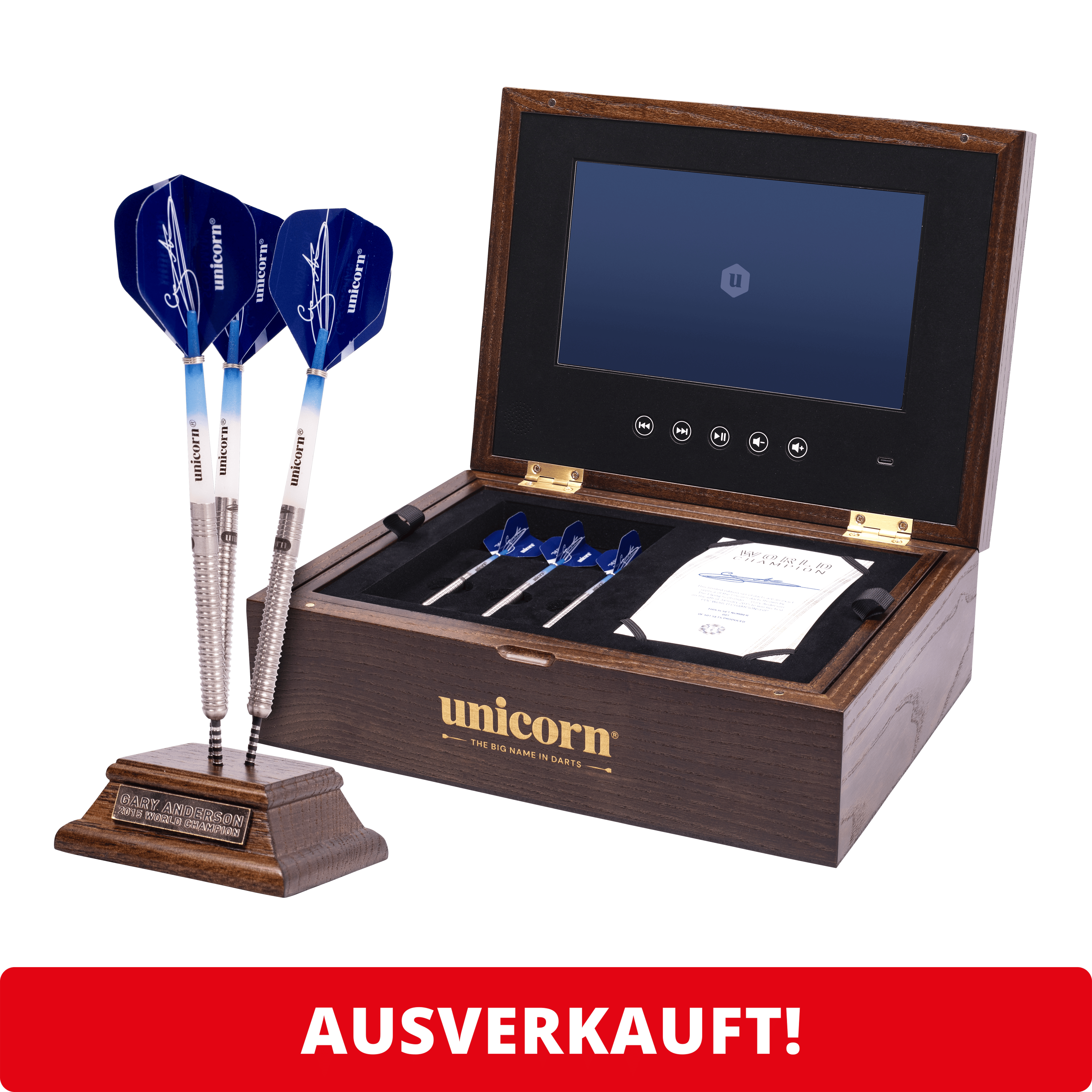 Das Bild zeigt das „Unicorn Gary Anderson 10 Year Commemoration Limited Edition Set – Steeldarts – 23g“ in einer edlen Holzbox mit Bildschirm und drei blauen Darts. Unten steht in einem roten Balken das Wort „AUSVERKAUFT!“.