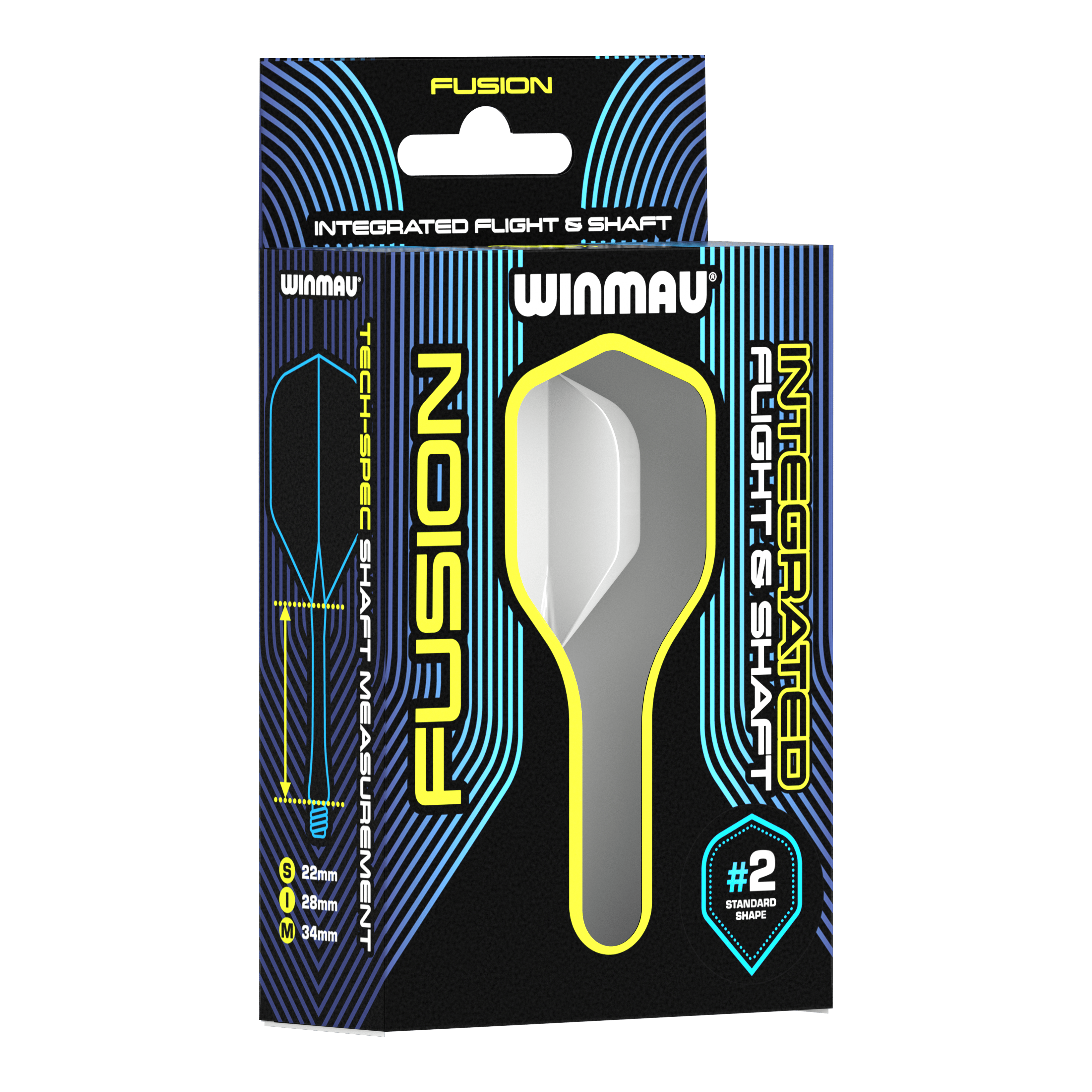 Winmau Fusion Flight Shaft System Standaard Wit Auf dem Bild ist eine Verpackung des Winmau Fusion Integrated Flight & Shaft Systems in Weiß zu sehen. Die Verpackung zeigt einen 22 mm langen Schaft mit der Standardform #2.