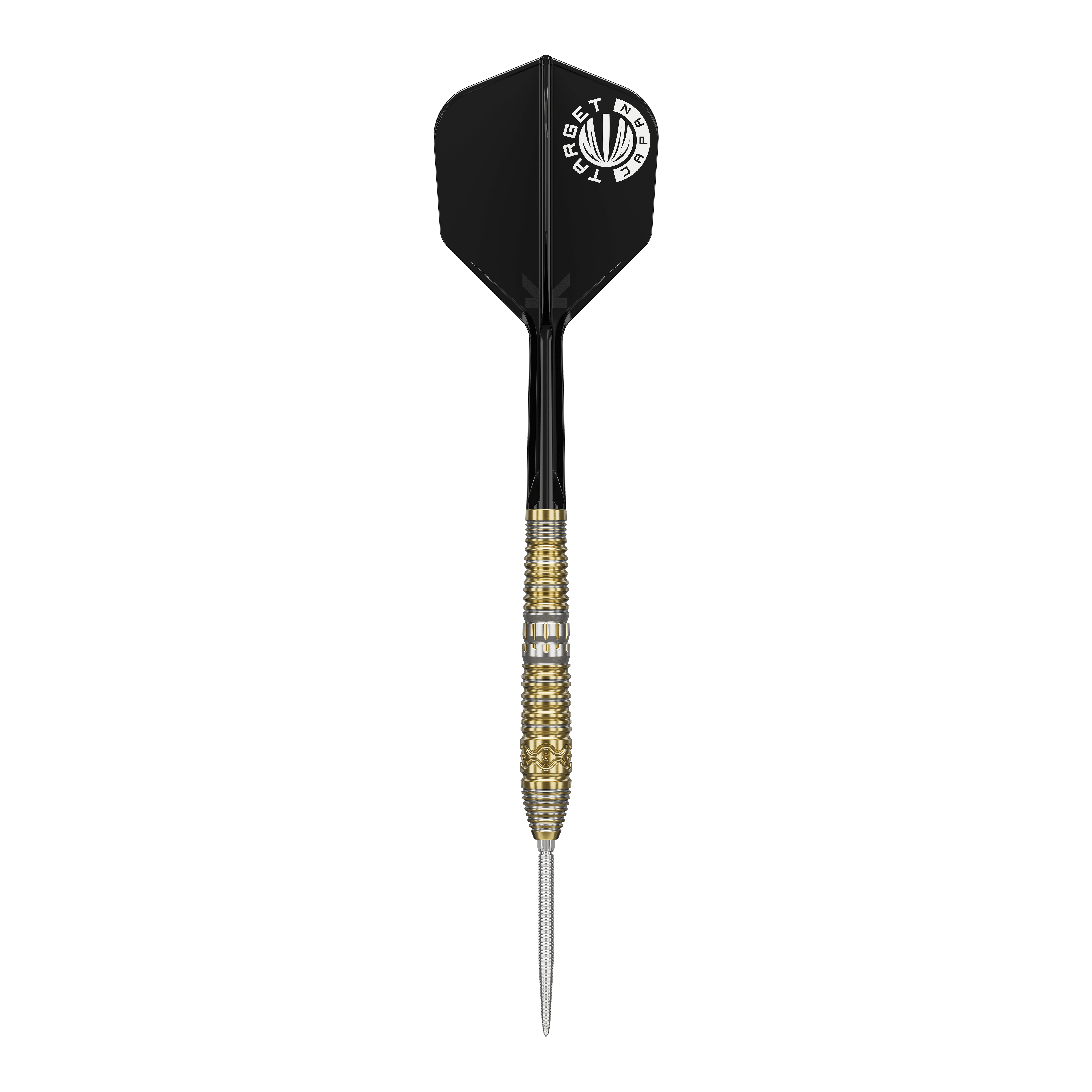 Target Japan Hot Shot GEN2 stalen darts - 23g Das Bild zeigt einen Target Japan Hot Shot GEN2 Steeldart mit einem Gewicht von 23g. Der Dart hat eine goldene, strukturierte Spitze und schwarze Flights.
