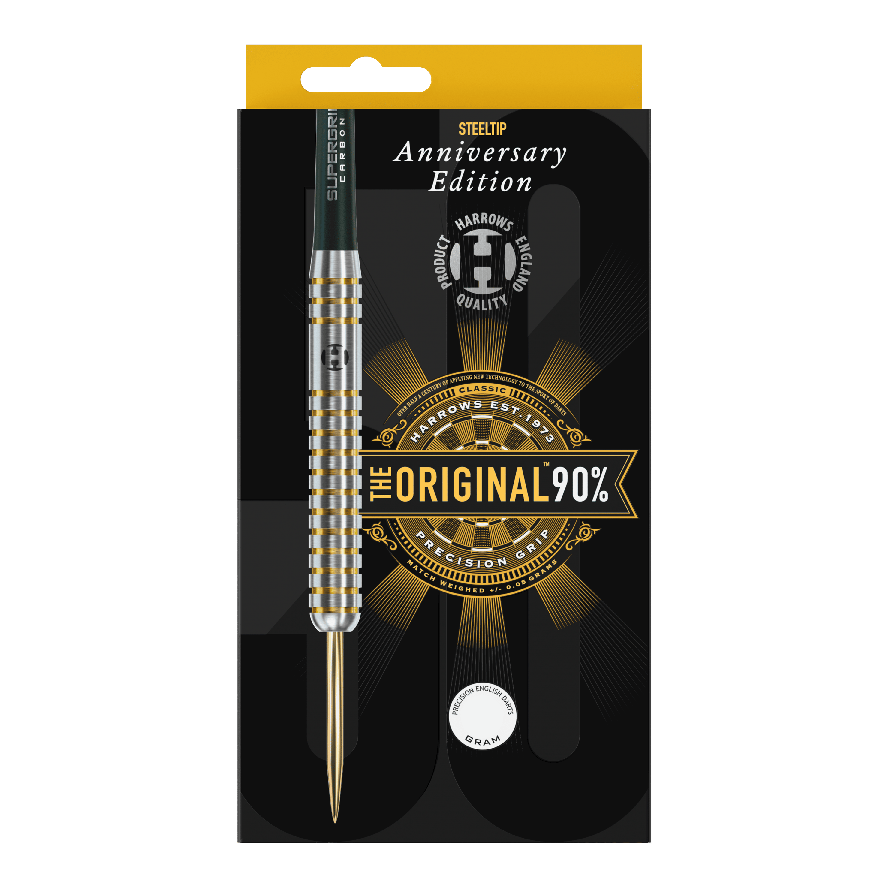 Harrows jubileumeditie De originele Steeldarts Auf dem Bild ist eine Packung mit einem Steeldart der Marke Harrows zu sehen. Die Verpackung zeigt die Aufschrift „Anniversary Edition“ und „The Original 90%“.