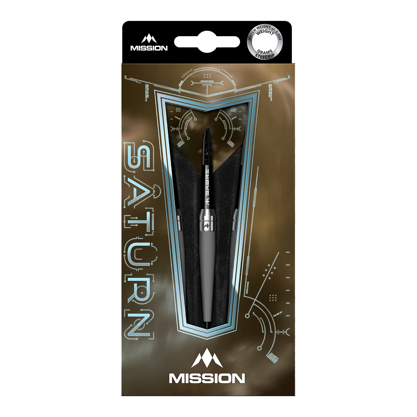 Mission Saturn Titan stalen darts Das Bild zeigt die Mission Saturn Titan Steeldarts in ihrer Verpackung. Die Verpackung ist modern gestaltet und hebt den Dart in der Mitte hervor.