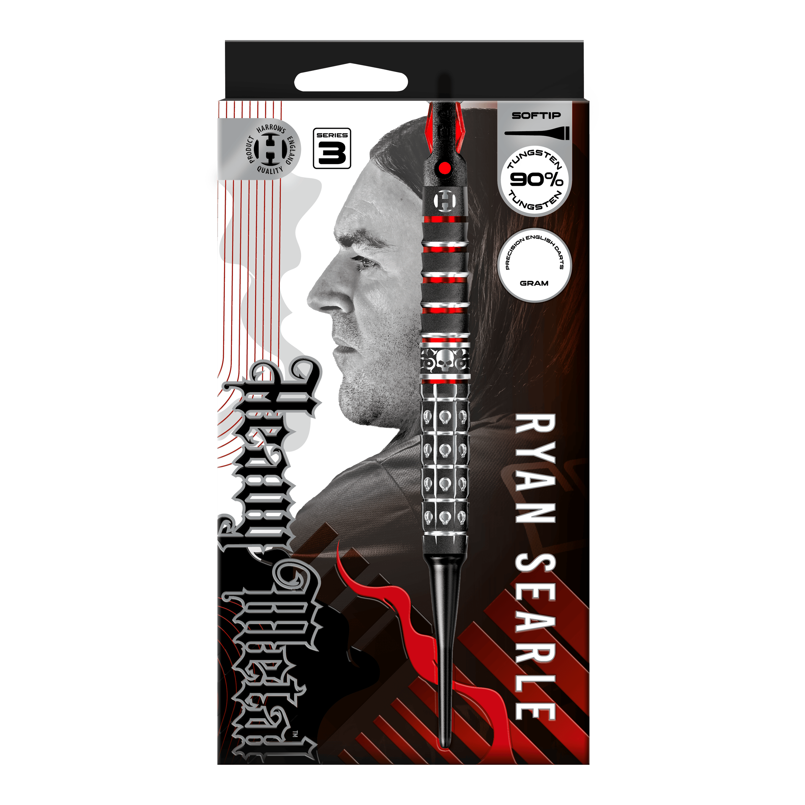 Harrow's Ryan Searle Series 3 zachte darts Abgebildet ist Harrows Ryan Searle Series 3 Softdarts. Es handelt sich um einen Satz moderner Softdarts für Dartspieler.