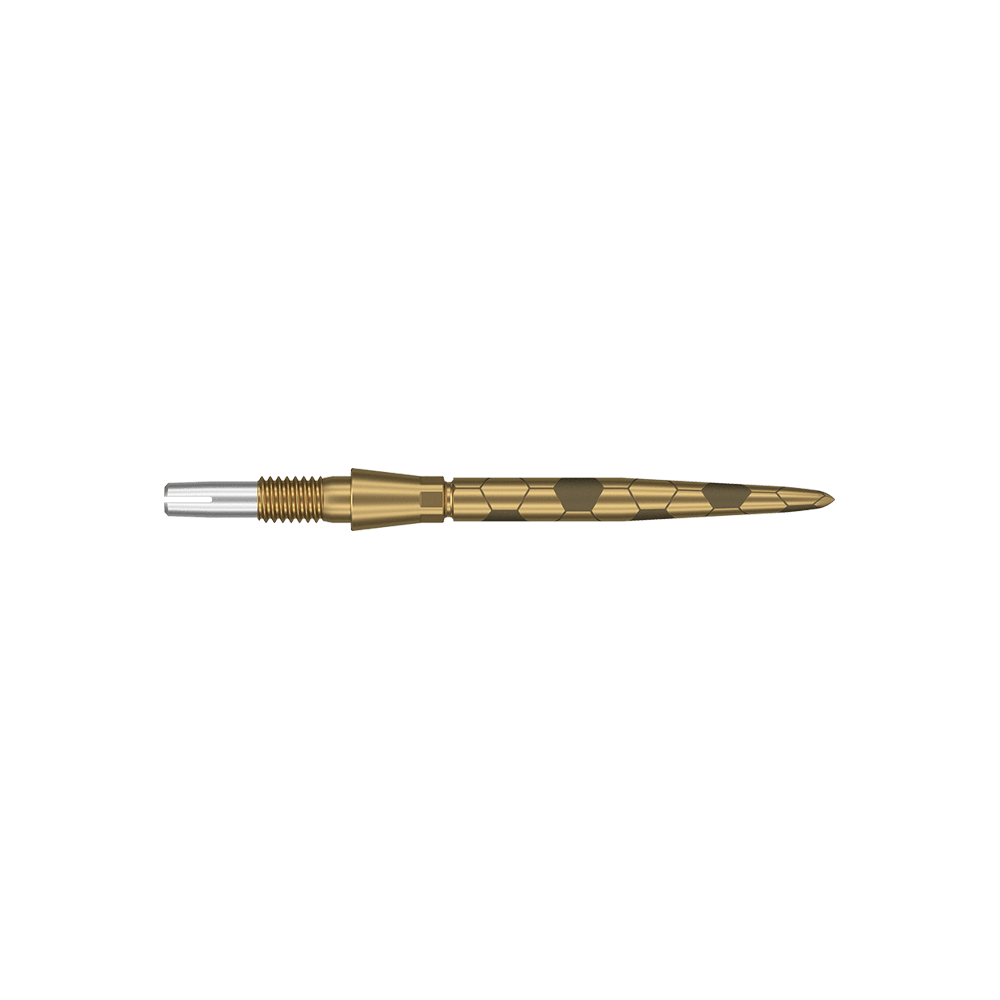 Target Swiss Storm Onyx Point Dartpunten - Goud Das Bild zeigt eine goldfarbene Dartspitze mit feinen eingravierten Mustern. Sie hat eine schlanke, spitz zulaufende Form und ist 26 mm lang.