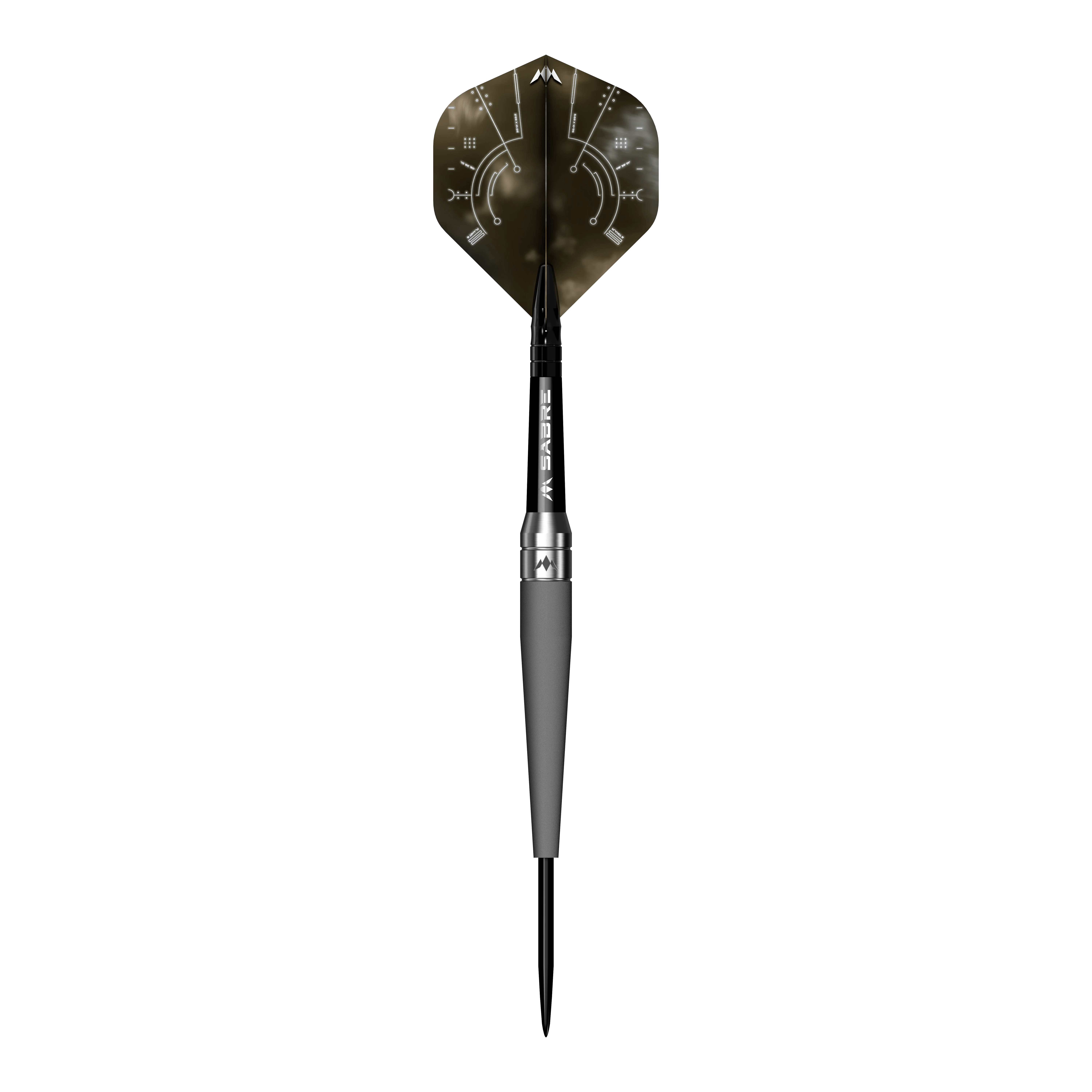 Mission Saturn Titan stalen darts Das Bild zeigt einen einzelnen Steeldart mit dem Namen "Mission Saturn Titan Steeldarts". Der Dartpfeil hat ein dunkles Design mit metallischen und grafischen Elementen auf der Flugfeder.