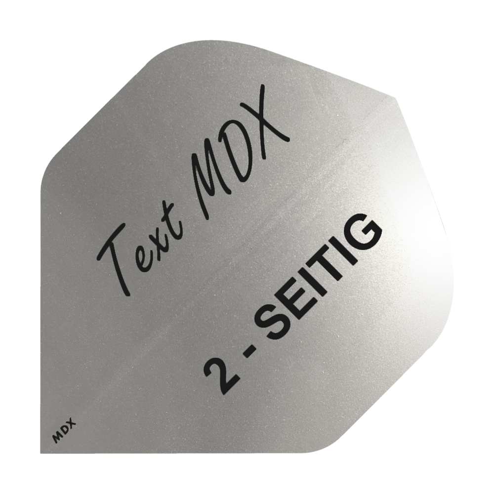 10 sets bedrukte metalen vluchten, dubbelzijdig - aangepaste tekst - MDX-standaard Das Bild zeigt ein silbernes Dart-Flight mit schwarzem Aufdruck. Darauf steht "Text MDX" und "2-SEITIG".