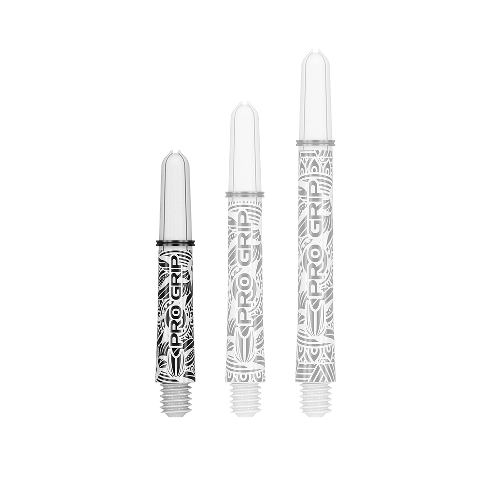 Das Bild zeigt drei weiße Dartshafts mit schwarzem Muster und der Aufschrift „PRO GRIP“. Sie sind in verschiedenen Längen nebeneinander angeordnet.