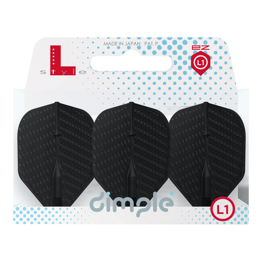 L-Style Flights Dimple Champagne L1EZ Standaard Auf dem Bild sind drei schwarze Dart-Flights in einer Verpackung zu sehen. Die Verpackung trägt die Aufschrift "dimple" und "L1" und ist von der Marke L-Style.