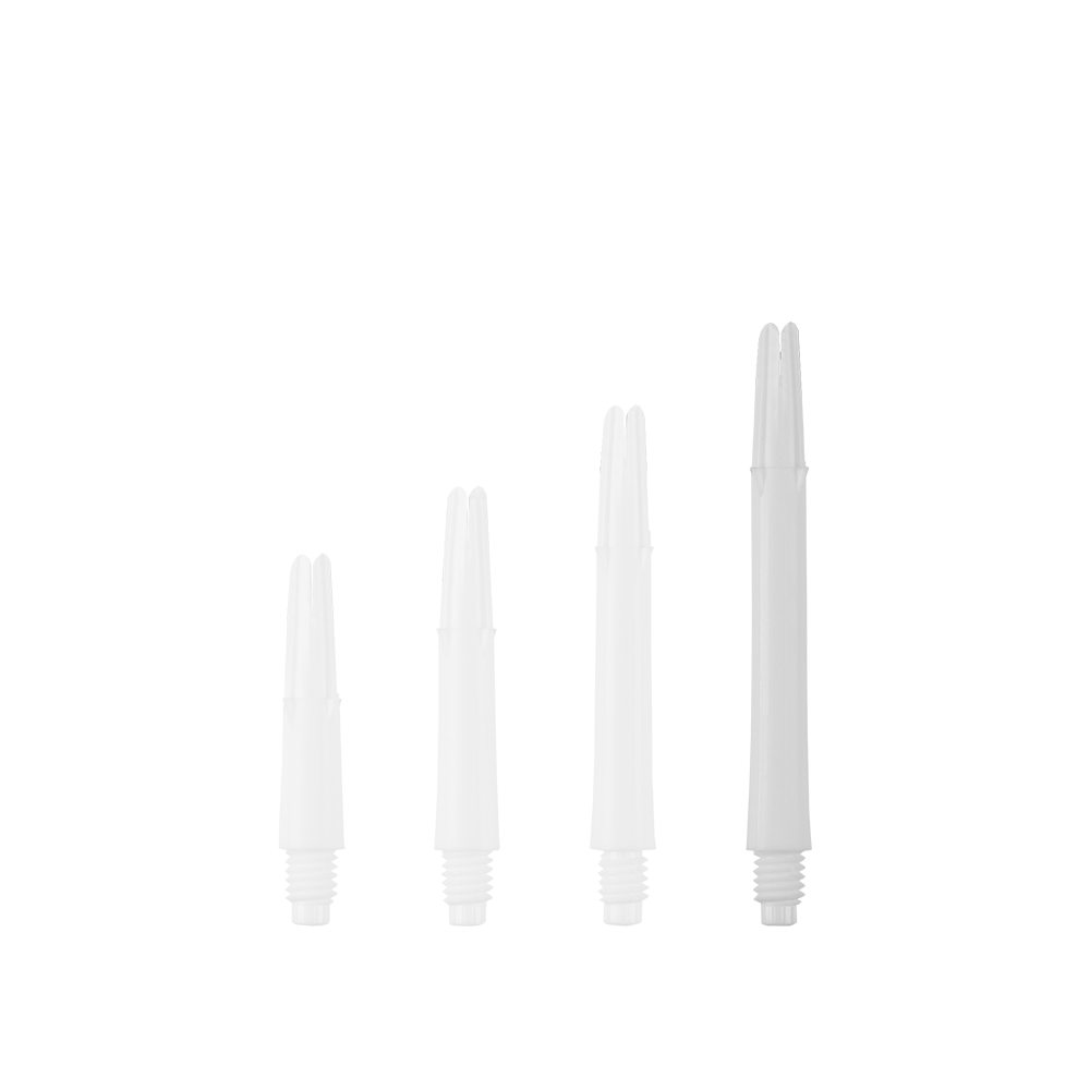 L-Style L-schachten vergrendeld recht - wit Das Bild zeigt vier weiße, gerade Dartshafts in unterschiedlichen Längen. Sie sind ohne Kappen und stehen nebeneinander aufgereiht.