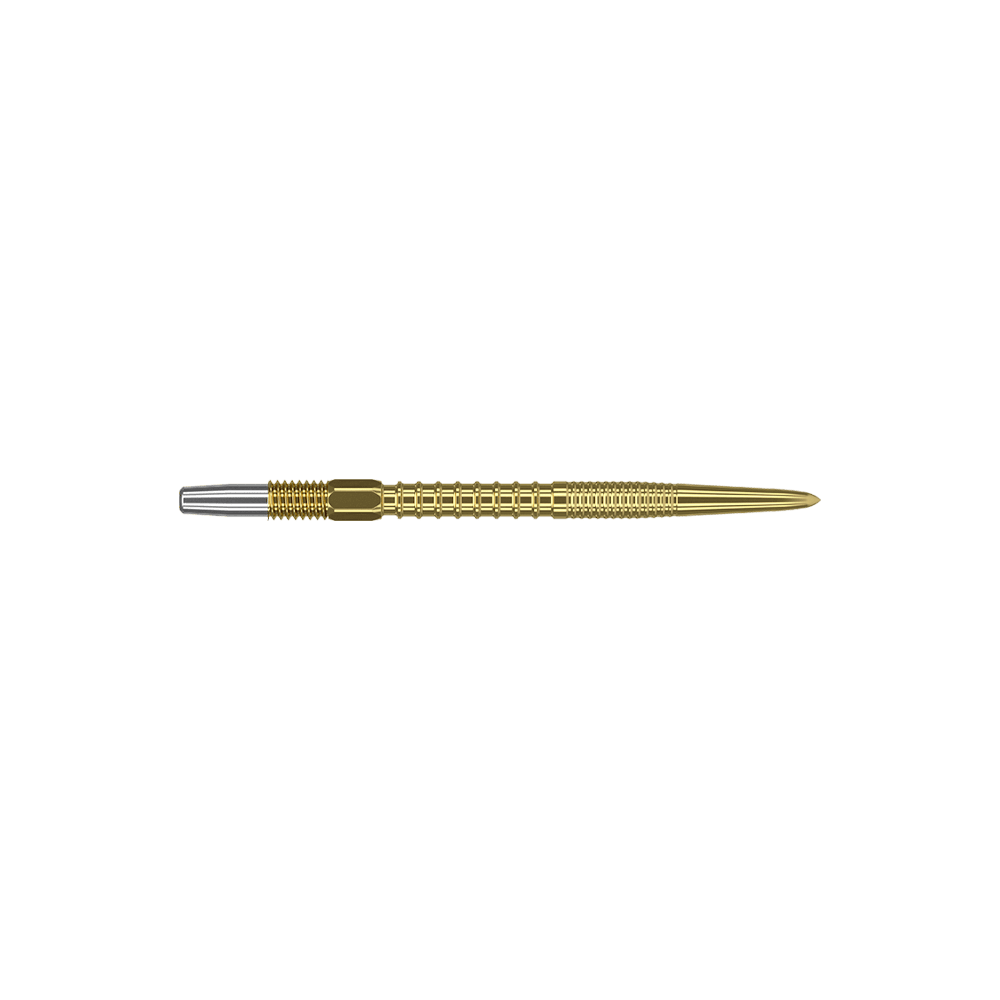 Target Swiss Firepoint Gold dartpunten Auf dem Bild ist eine goldene Dartspitze mit einer silbernen Befestigung dargestellt. Die Spitze ist lang, fein gearbeitet und hat eine strukturierte Oberfläche.