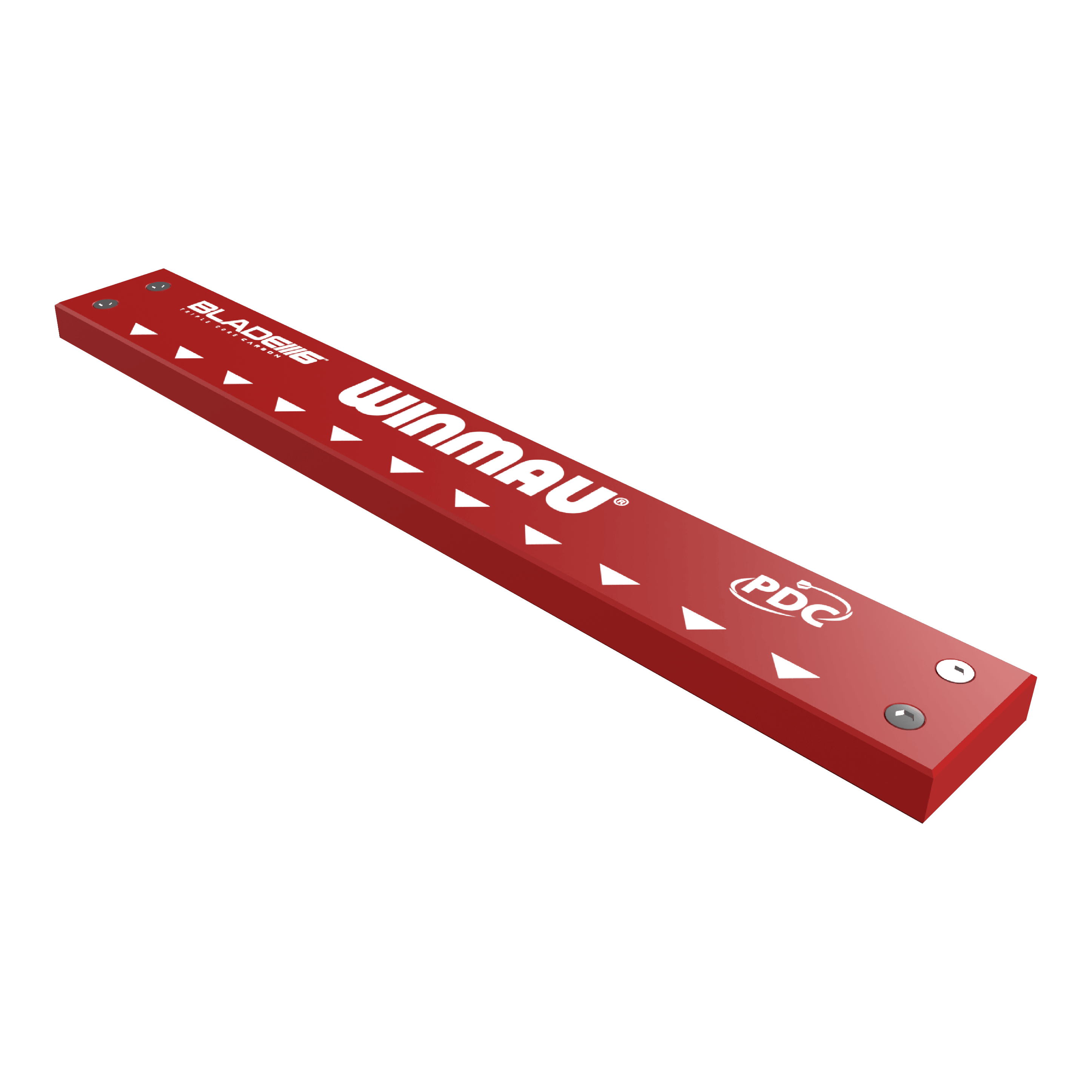 Winmau Clearzone PVC dartmat met oche Das Bild zeigt das Produkt "Winmau Clearzone PVC Dartmatte mit Oche". Es ist eine rote Dartmatte mit weißen Pfeilen und dem Winmau-Logo darauf.