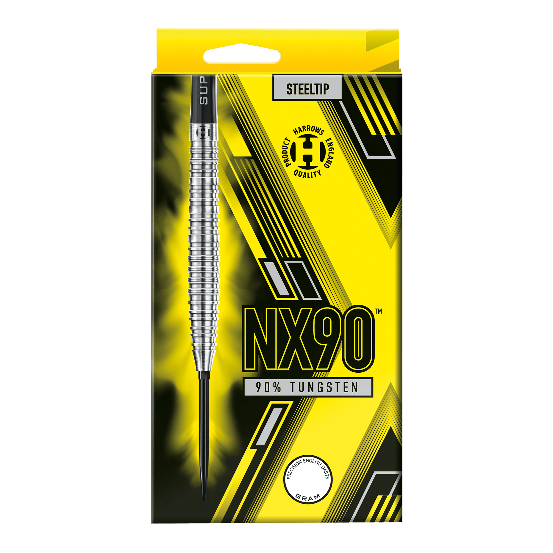Harrows NX90 Taps Toelopende Quick Point Stalen Darts Die Abbildung zeigt die Harrows NX90 Tapered Quick Point Steeldarts. Diese Darts sind speziell für Genauigkeit und Kontrolle konzipiert.