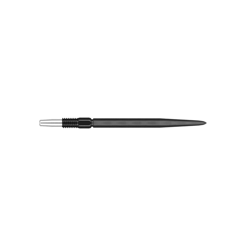 Target Swiss Point Nano Dartpunten - Zwart Das Bild zeigt eine schwarze Dartspitze mit feinen Rillen. Sie ist schmal und gerade geformt.