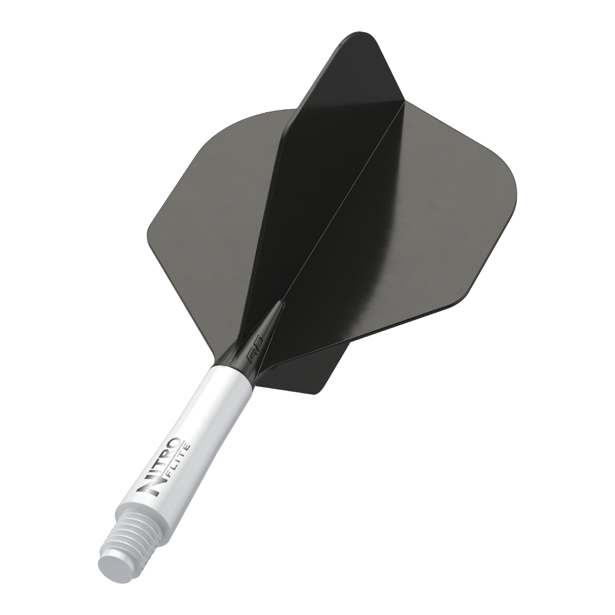 Das Bild zeigt einen schwarzen Dart-Flügel mit einem weißen Schaft. Auf dem Schaft steht der Text "NITRO FLITE".