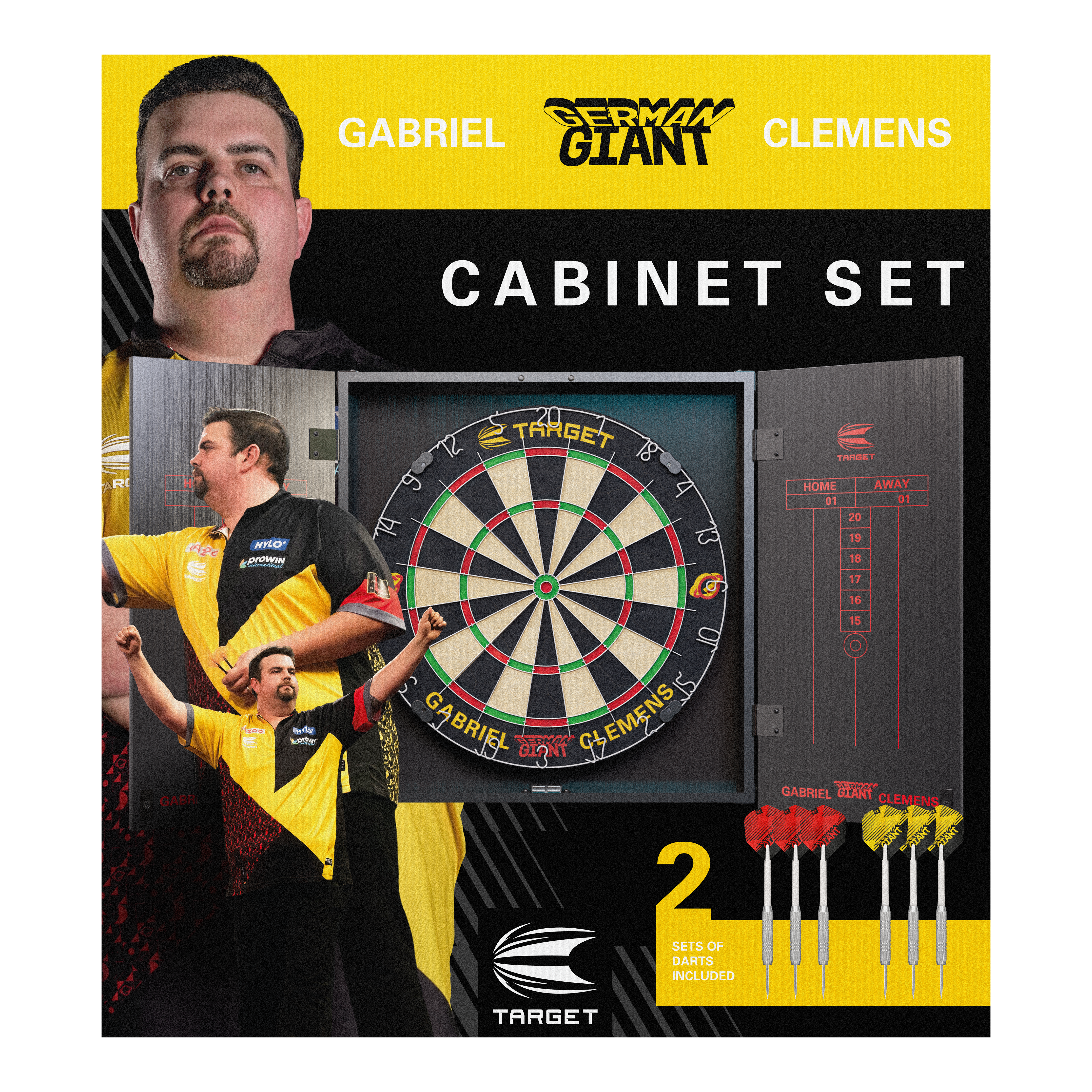 Das Bild zeigt das "Target Gabriel Clemens Kabinet Dartboard Set" mit einer Dartscheibe und zwei Dart-Sets. Auf der Verpackung sind Bilder von Gabriel Clemens sowie das Logo "German Giant" zu sehen.
