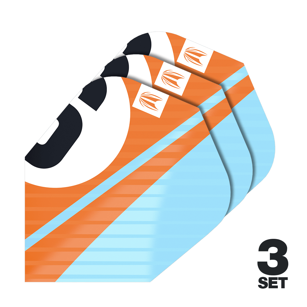 Target Pro Ultra Chicane Oranje Ten-X Flights - 3 sets Das Bild zeigt drei Sätze Target Pro Ultra Chicane Orange Ten-X Flights. Die Flights sind orange und hellblau mit einem auffälligen Design.