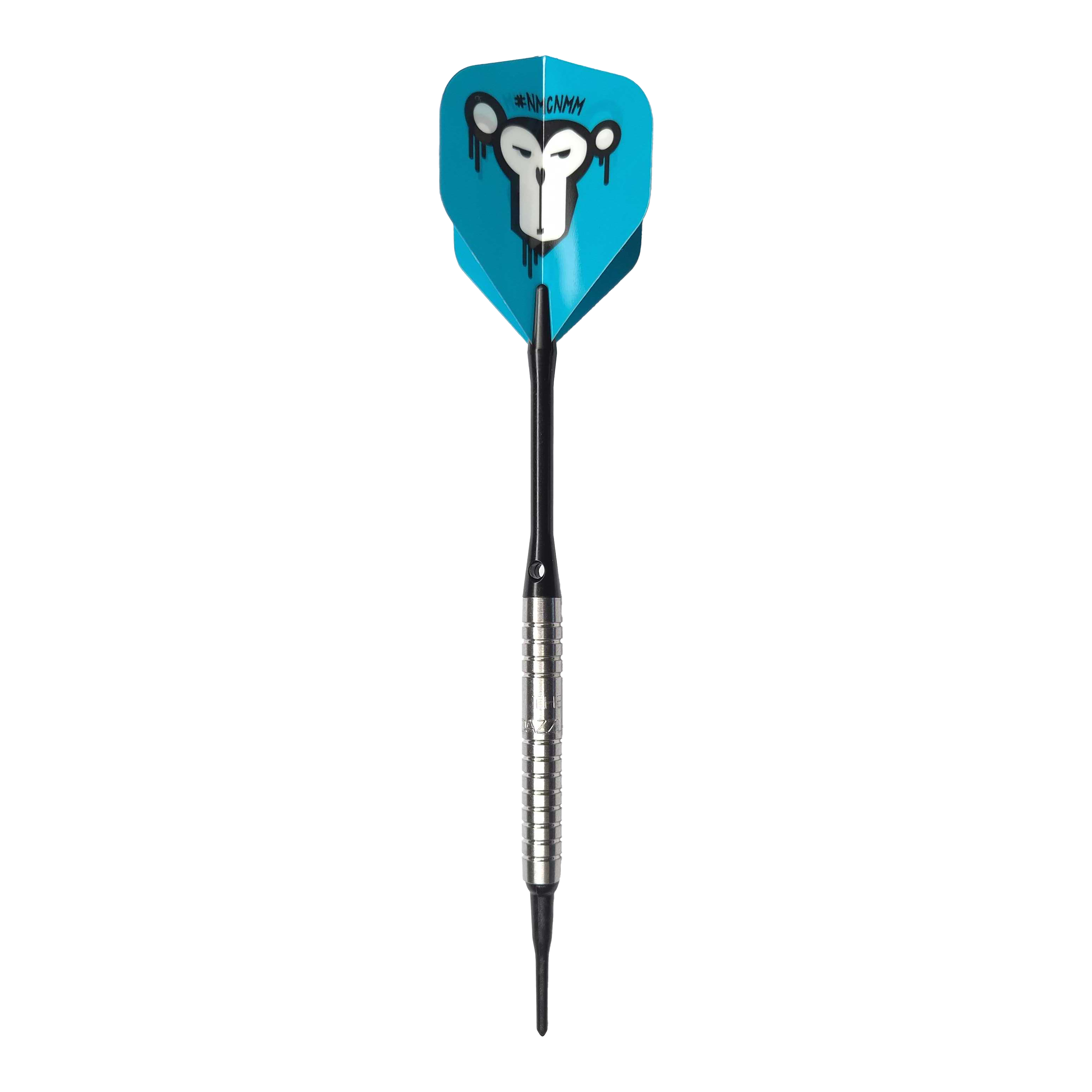 McDart 85 Wolfraam V15 Softdarts - 16,5 g Der McDart 85er Tungsten V15 Softdart wiegt 16,5g und hat ein silbernes, geriffeltes Barrel. Die Flights sind blau und zeigen das Bild eines stilisierten Affengesichts.