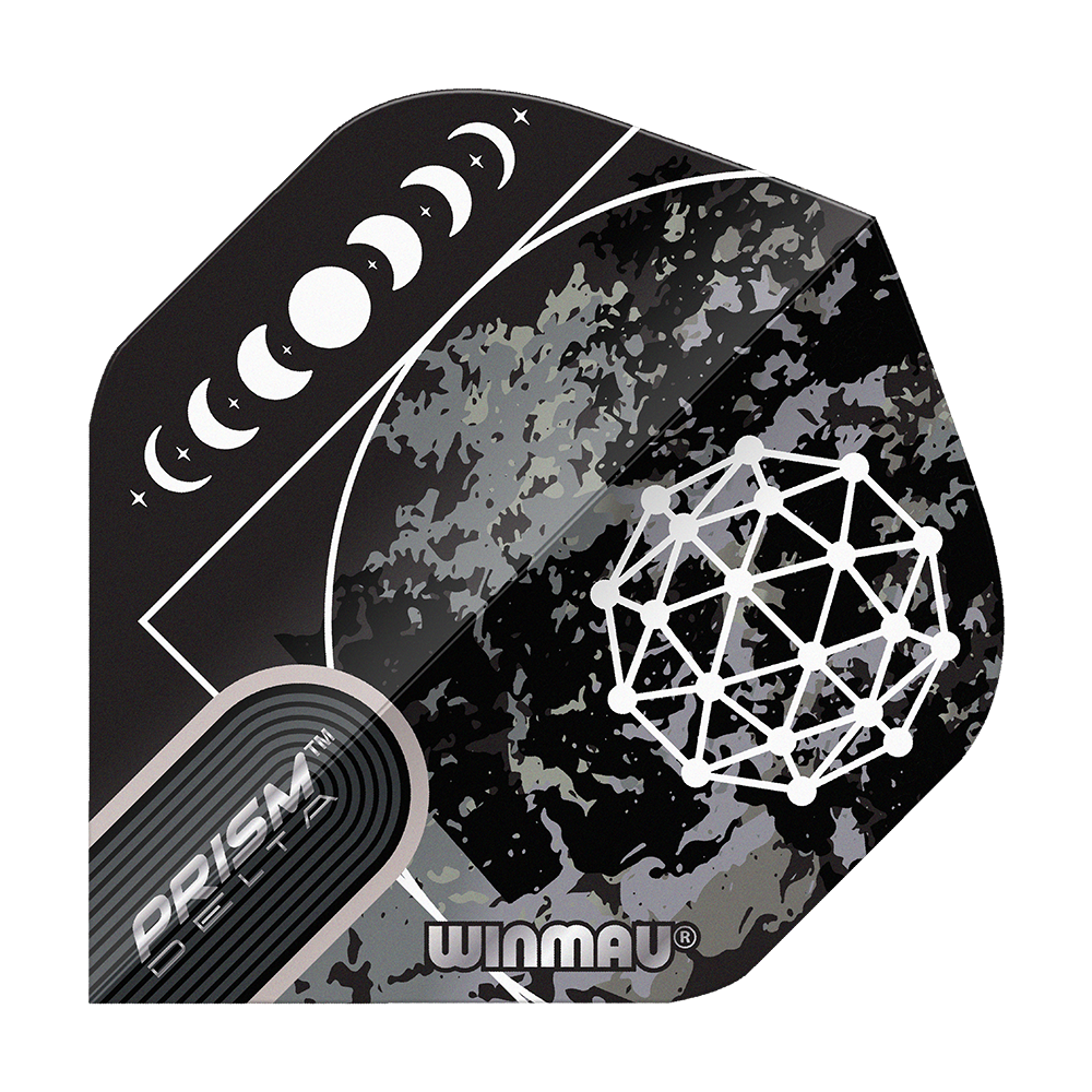 Winmau Prism Delta Callisto No2 Standaardvluchten Das Bild zeigt das Produkt "Winmau Prism Delta Callisto No2 Standard Flights". Es hat ein schwarzes Design mit Mondphasen und geometrischem Muster.