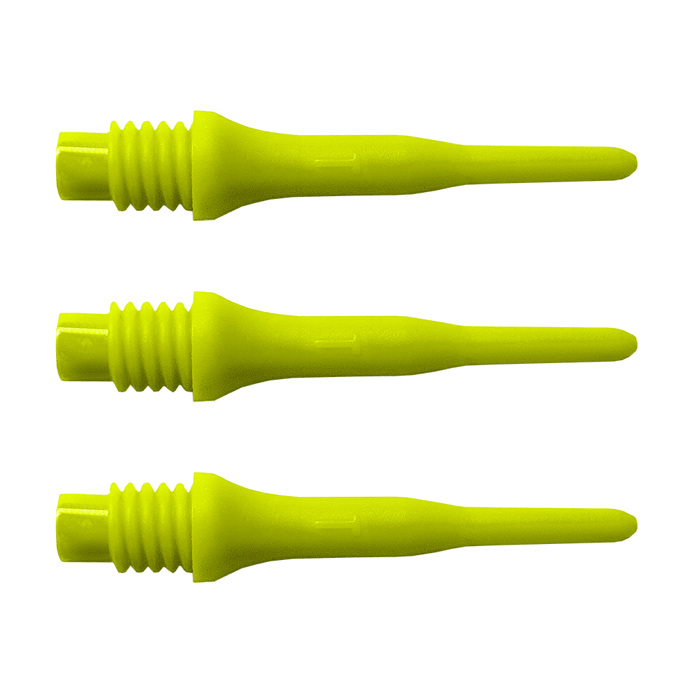 896_Bulls_Tefo_X_Softdart-Spitzen_100erPack_Neongelb_1hsdYuietI2Co8 Das Bild zeigt drei gelbe Dartspitzen nebeneinander. Es handelt sich um die Bulls Tefo X Spitzen aus einer 1000er Packung.