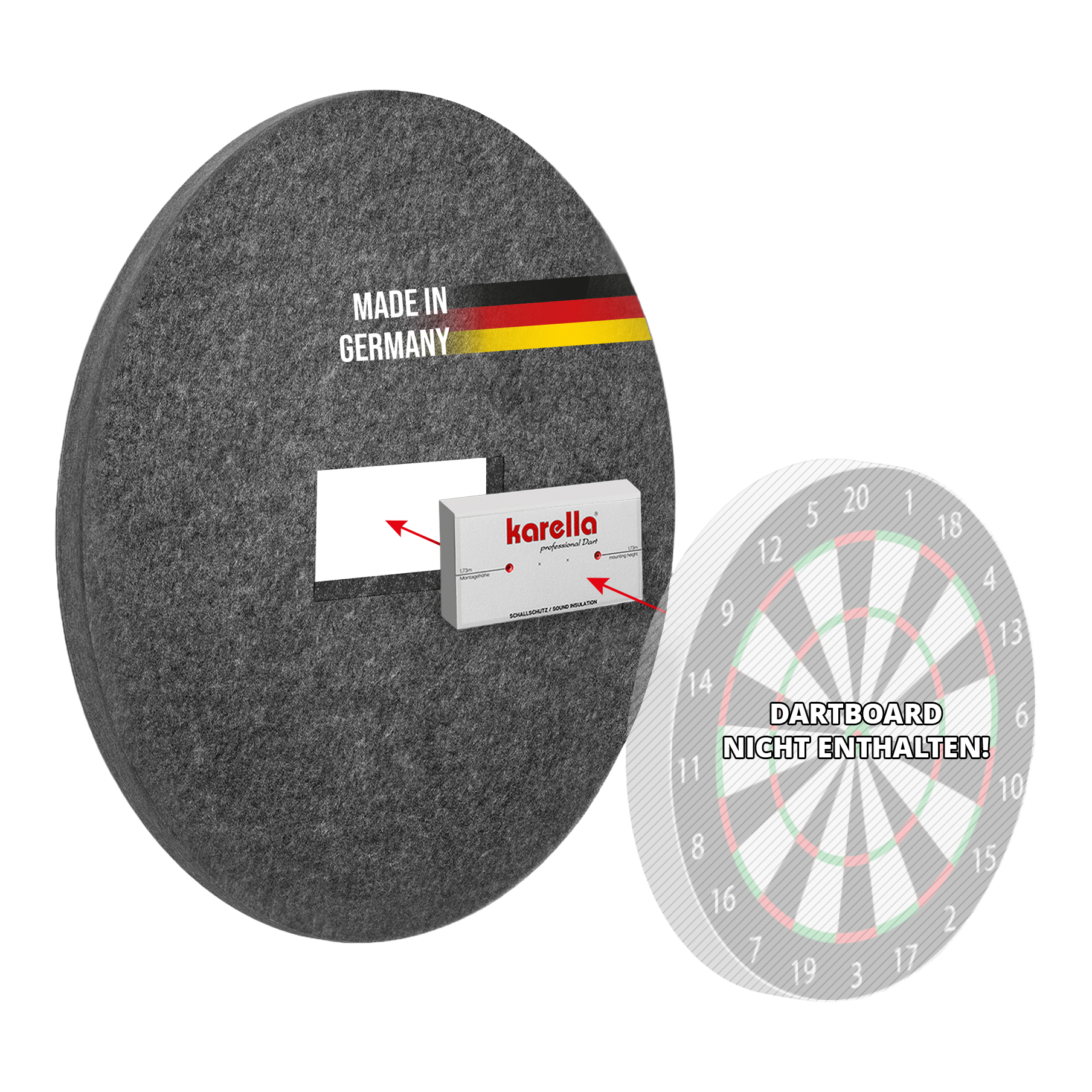 Karella geluidsisolatie voor stalen dartborden met geïntegreerde surround ring Dieses Bild zeigt den Schallschutz Karella für Steeldartboards mit integriertem Surround Auffangring. Das Produkt dient zur Geräuschdämmung beim Dartspielen.