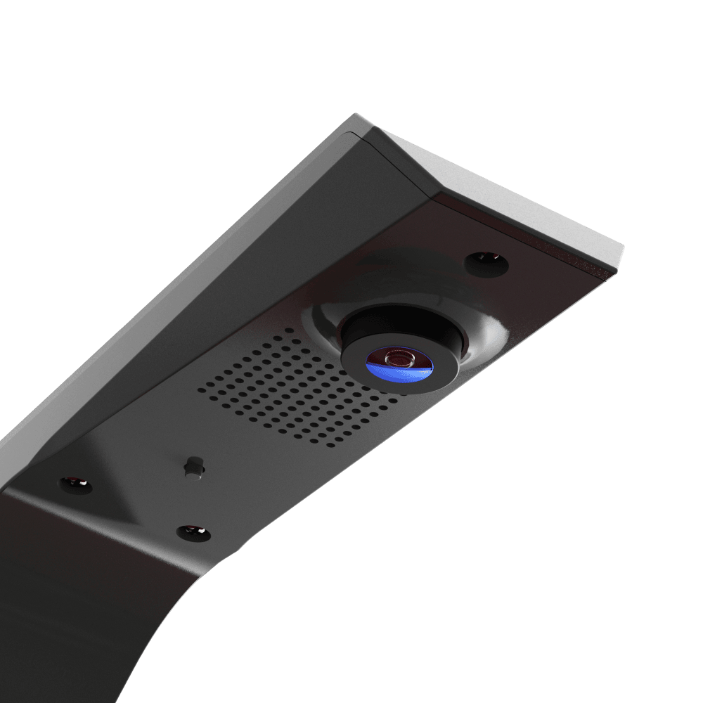 GranDarts Gran Eye GEN2 Steeldart automatisch scoresysteem Das Bild zeigt das GranDarts GranEye Steeldart Auto-Scoring-System. Zu sehen ist eine Nahaufnahme des Geräts mit einer Kamera und Belüftungsschlitzen.