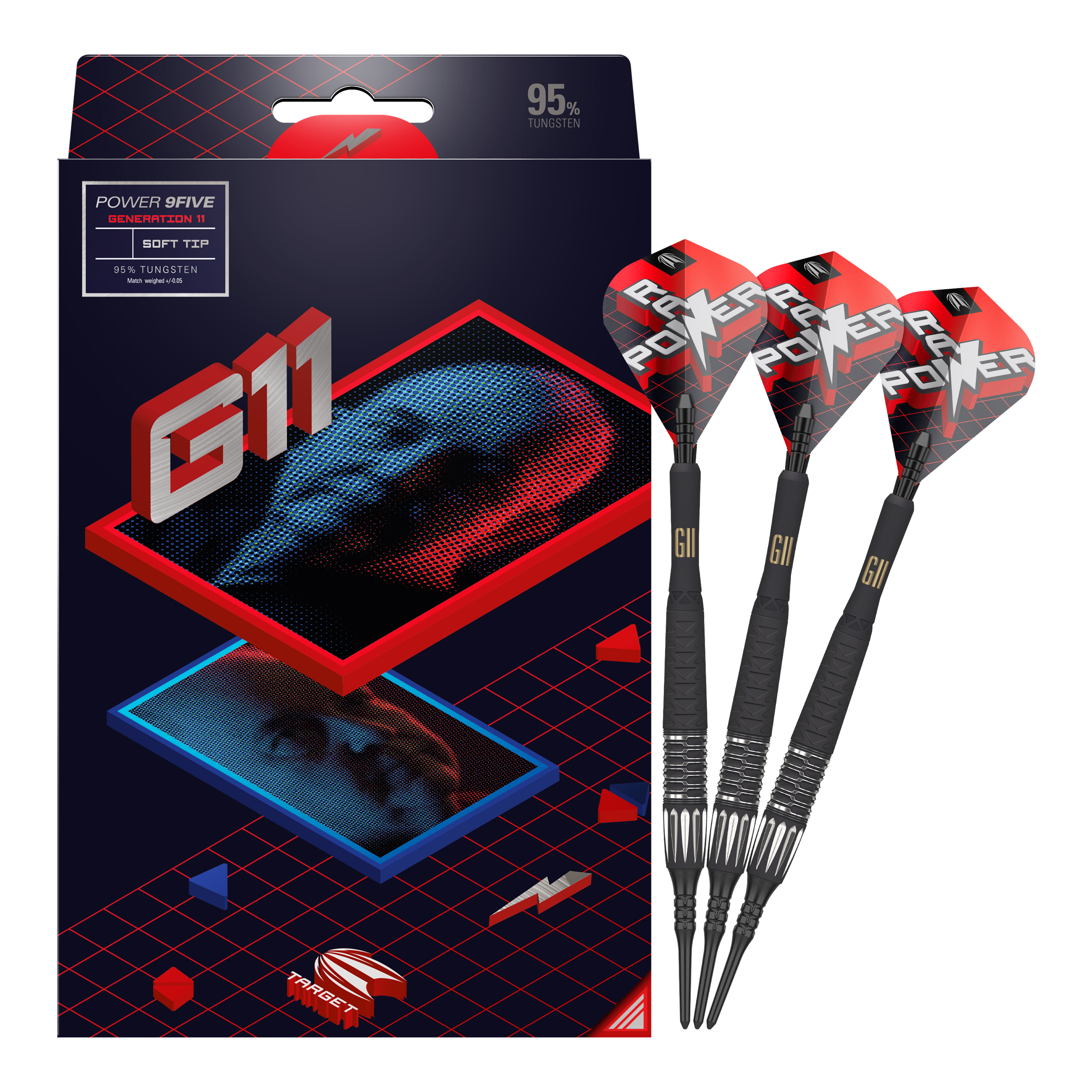 Das Bild zeigt eine Packung Softdarts der Marke Target, Modell "Power 9Five GEN 11". Neben der Verpackung sind drei schwarze Softdarts mit roten Flights abgebildet.