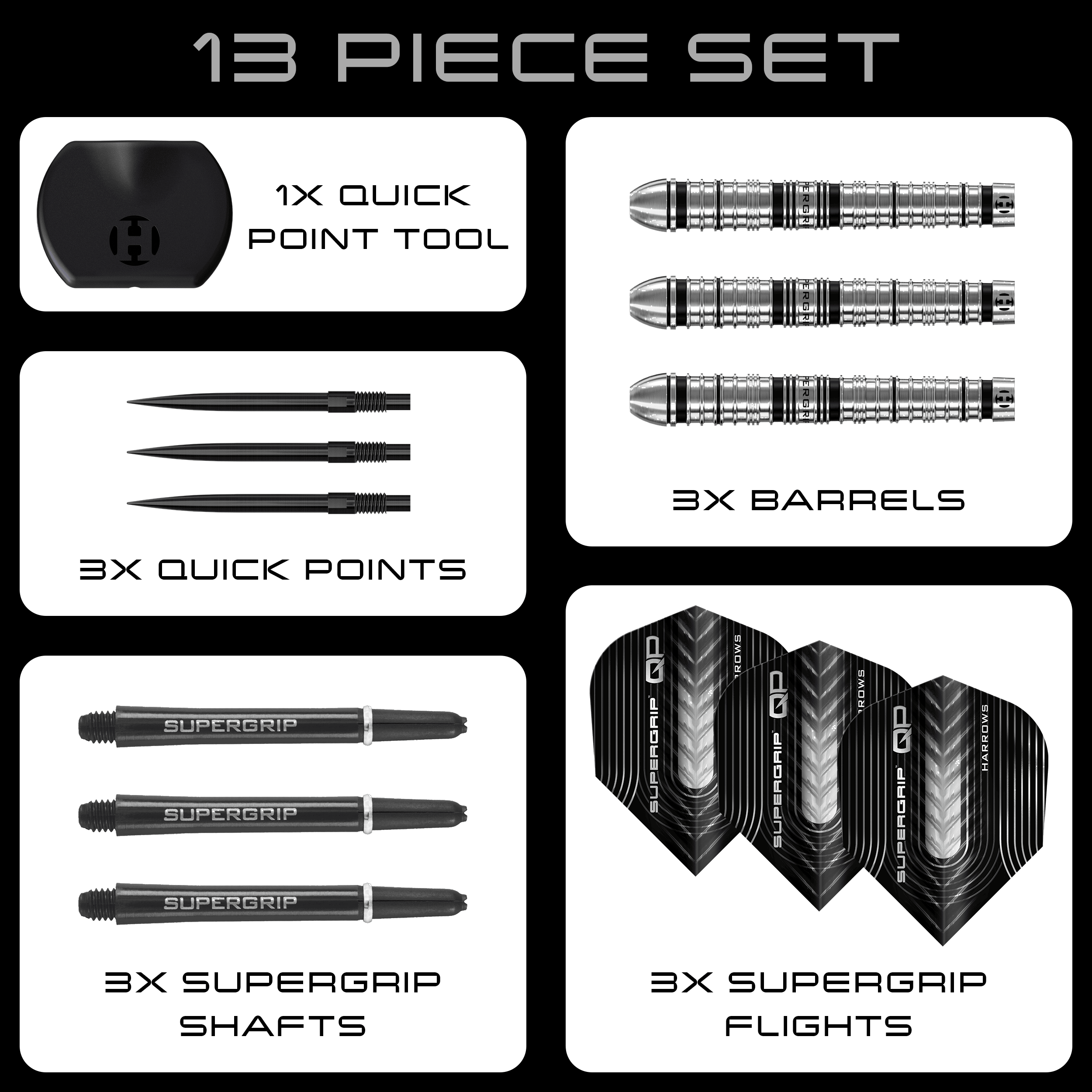 Harrows Supergrip Tapered Quick Point stalen dartpijlen Zu sehen sind die Harrows Supergrip QP Tapered Quick Point Steeldarts. Diese Darts bieten eine hochwertige Verarbeitung für optimale Spieleigenschaften.